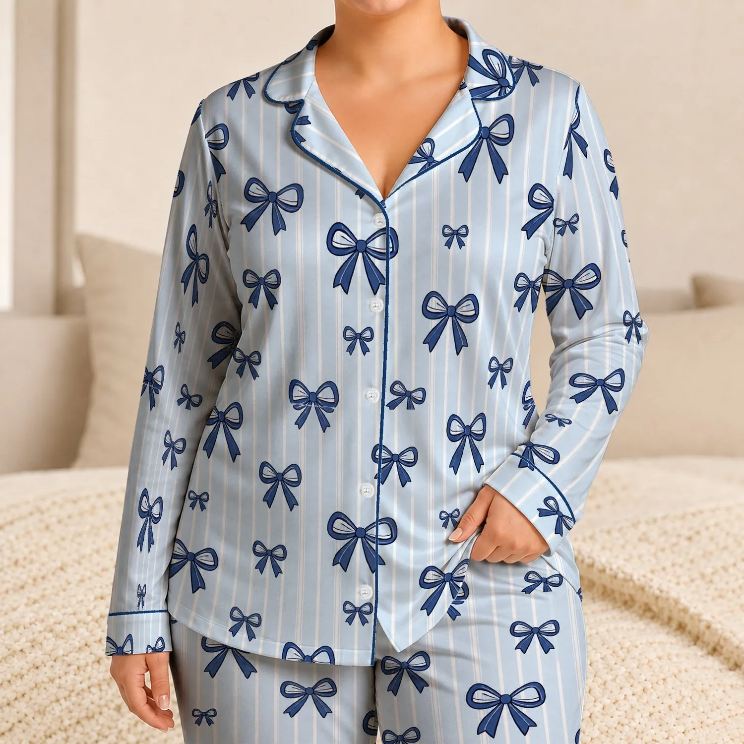 Navy Tied Bow Ribbons for Cozy Summer Lounging, Giftable Girlfriend Bedtime Style Satin Pajamas Set - 1