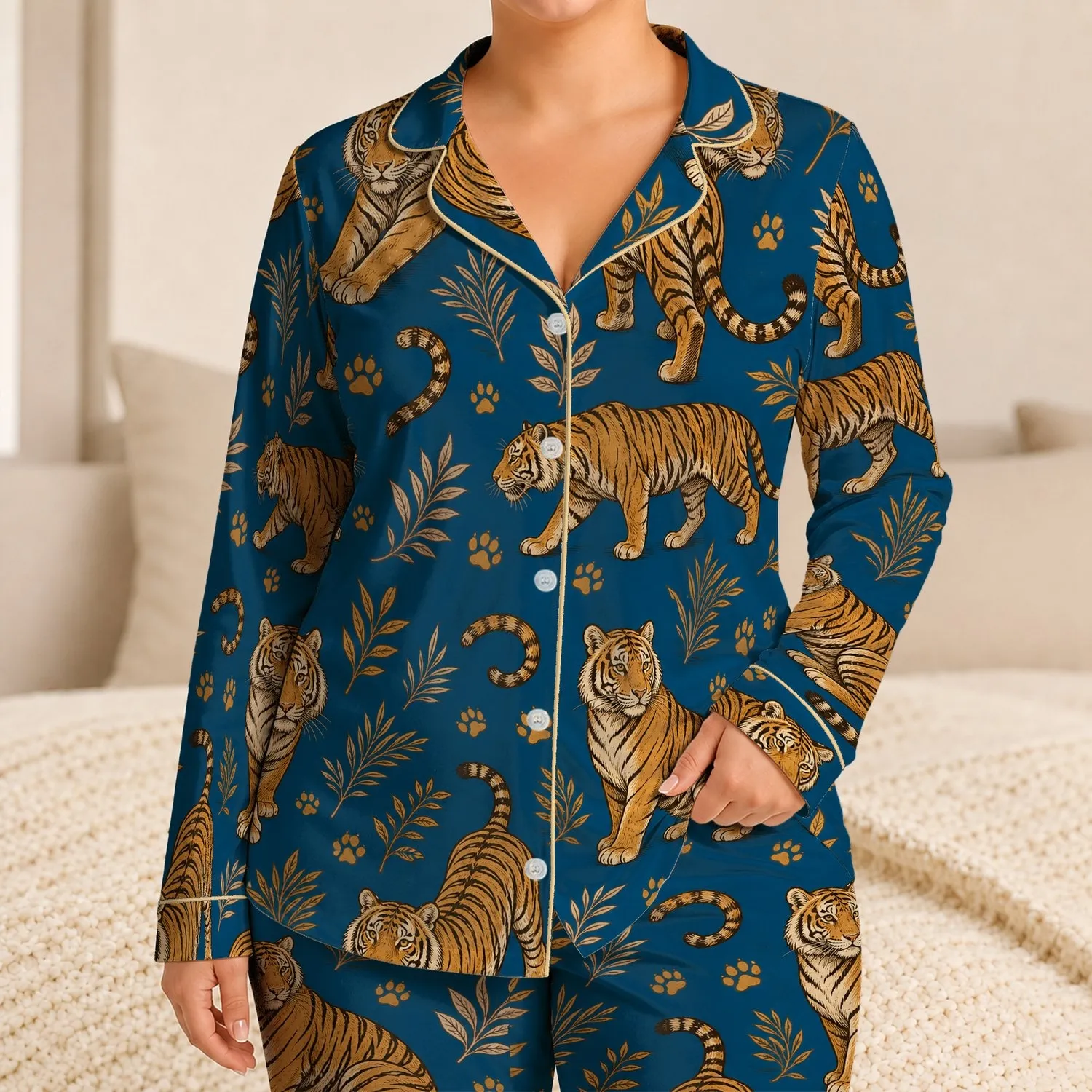 Bengal Tiger Motifs for Cozy Lounging at Home, Vintage Nature Style for Modern Women Satin Pajamas Set - 1