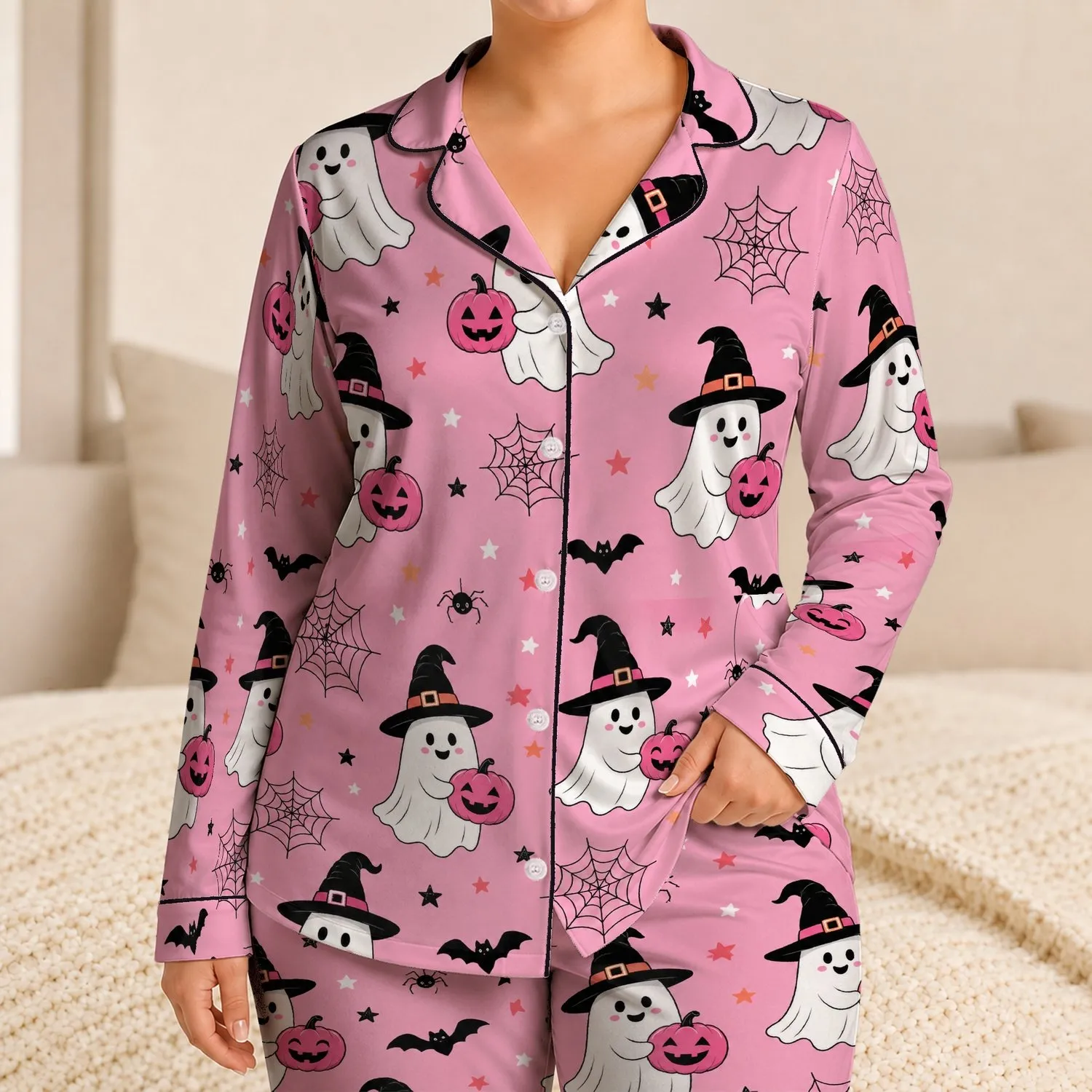Pink Ghost Pumpkin Halloween Sleepwear for Women, Witch Hat Bats and Spiderwebs Satin Pajamas Set - 1