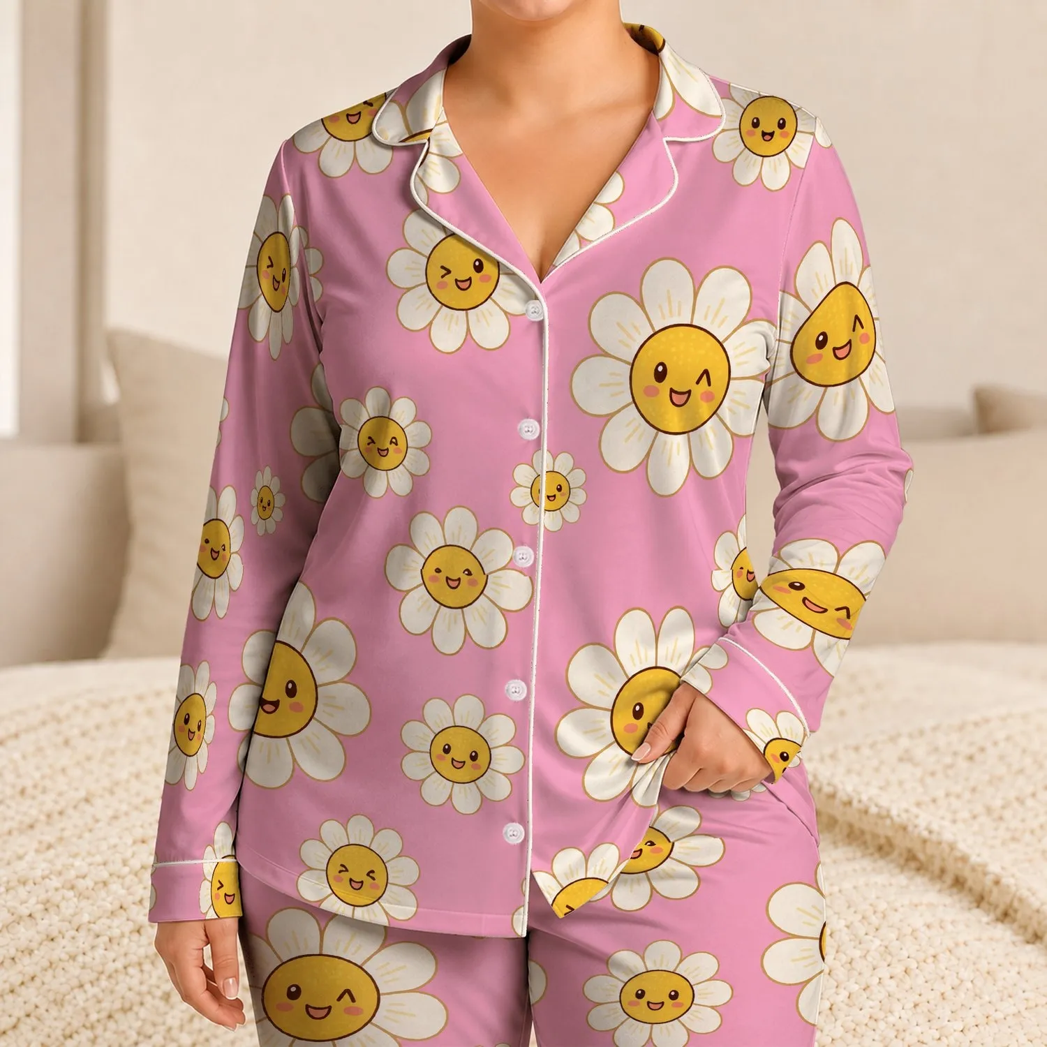 Kawaii White Daisy Pink Floral Springtime Joyful Gift Idea for Women, Teens, and Girls Satin Pajamas Set - 1
