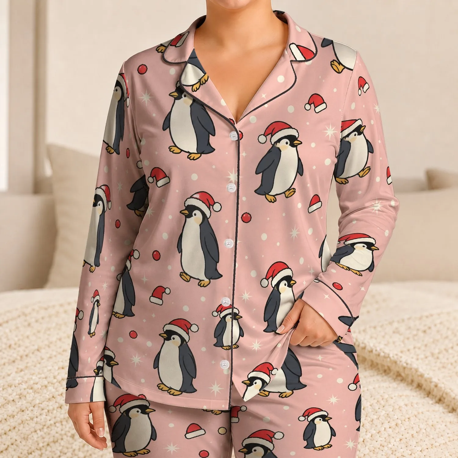 Christmas Penguin Santa Cozy Holiday Gift Matching Family Winter Sleepwear For Women Satin Pajamas Set - 1