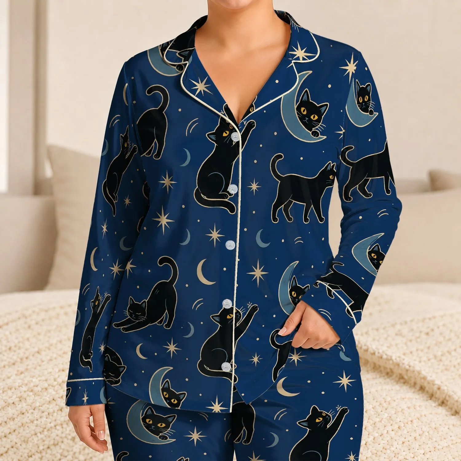 Black Cat Moon Star Theme for Cozy Summer Lounging at Home, Women’s Gift Idea for Her Satin Pajamas Set - 1