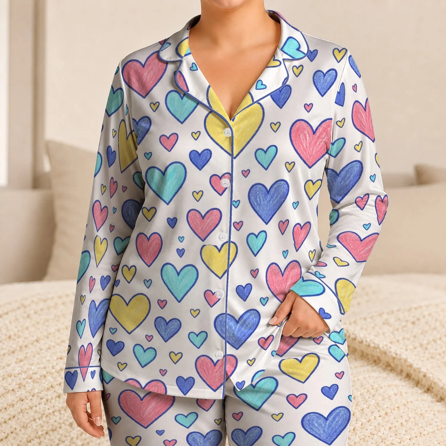 Colorful Heart Motif Cozy Lounge Gift For Women, Cheerful Autumn Winter Homewear Satin Pajamas Set - 1