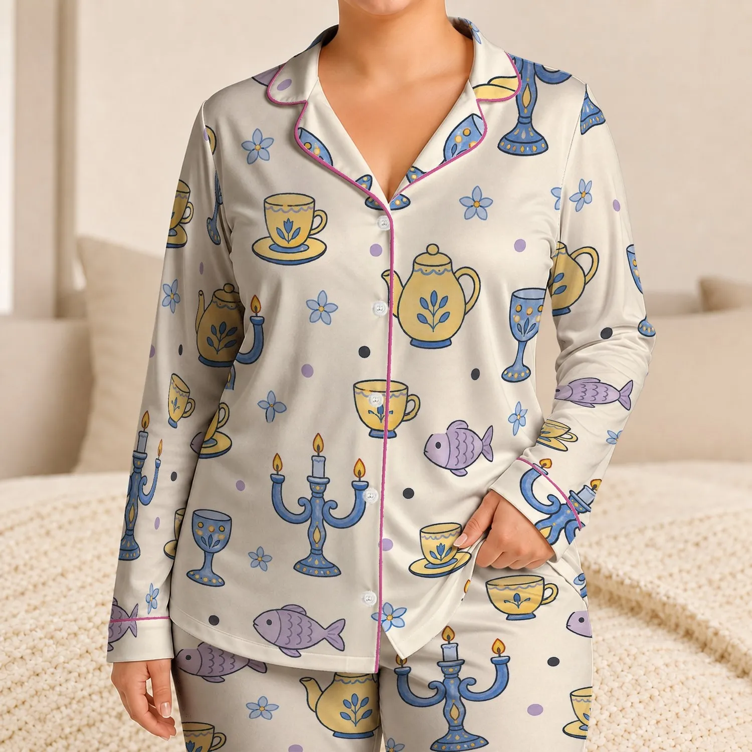 Blue Candelabra Teapot Fish Motif Cozy Gift For Tea Lovers And Boutique Hotel Fans Satin Pajamas Set - 1