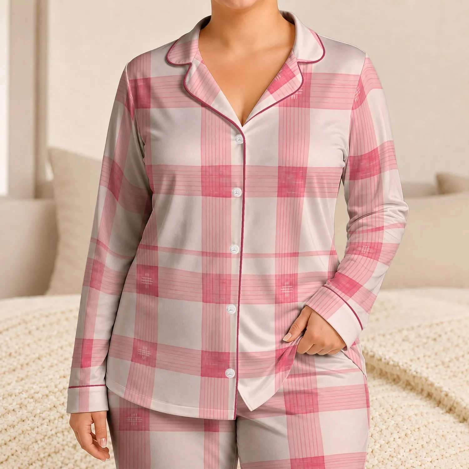 Blush Pink Gingham Checks for Cozy Home Lounging and Romantic Weekend Getaways Women Satin Pajamas Set - 1