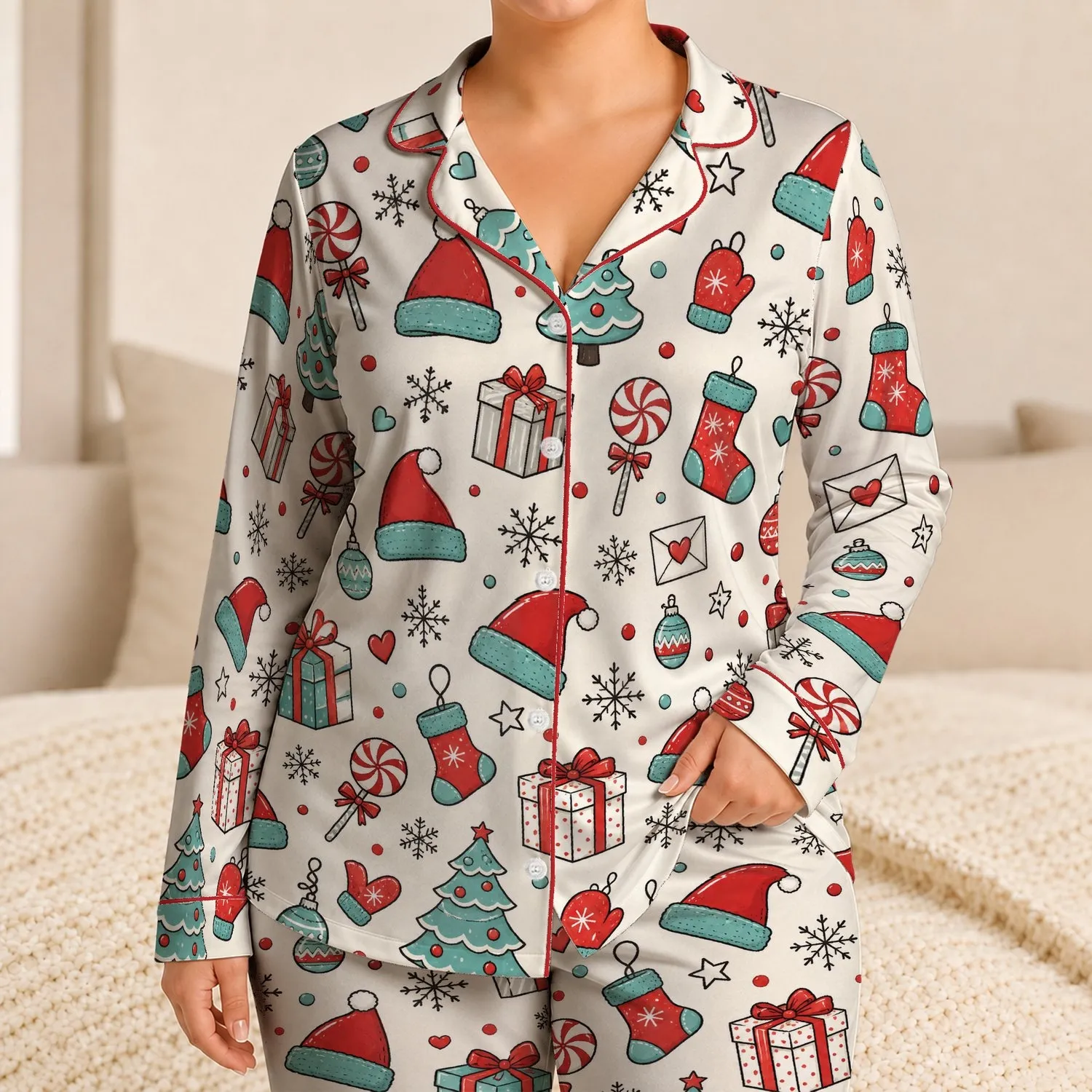 Christmas Candy Gifts Santa Hats and Trees Festive Cozy Holiday Loungewear for Women Satin Pajamas Set - 1