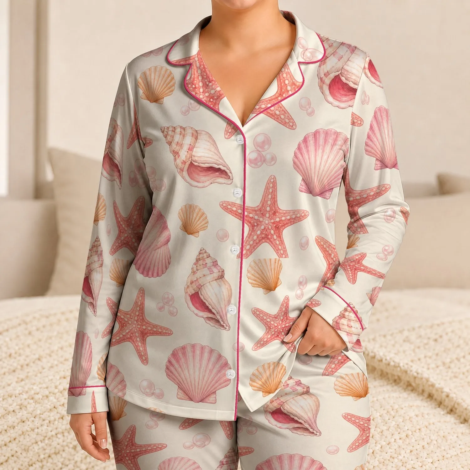 Coastal Shells Pastel Coral Starfish Summer Lounge Set for Women Beach Getaway Gift Satin Pajamas Set - 1