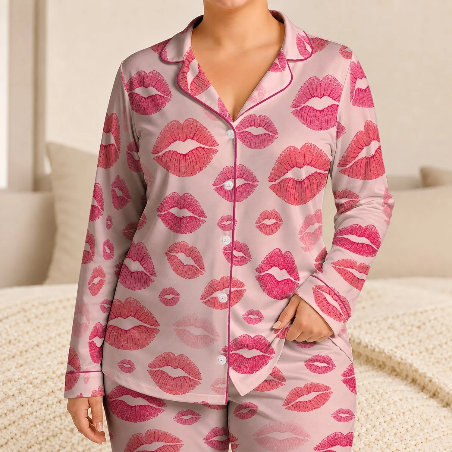 Coral Lipstick Kiss Motifs for Cozy Bedtime Relaxation, Romantic At-Home Gift Giving Satin Pajamas Set - 1