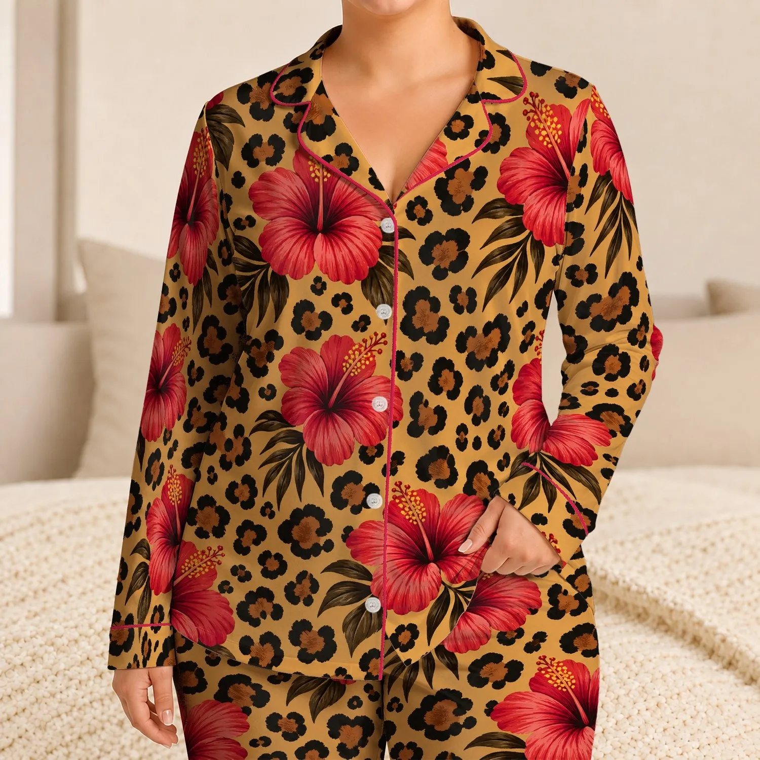 Hibiscus Leopard Rosettes for Tropical Bedtime Comfort, Women's Cozy Home Retreat Satin Pajamas Set - 1