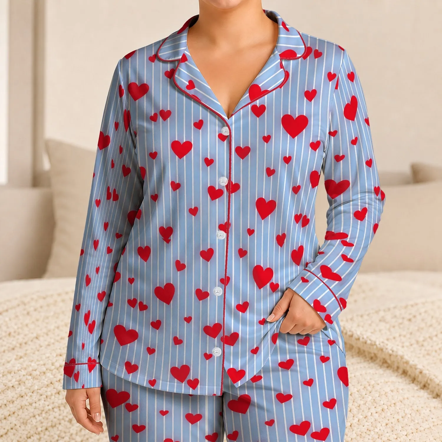 Blue Pinstripe Hearts Sleepwear Set For Cozy Lounging, Romantic Nights And Gifts Satin Pajamas Set - 1