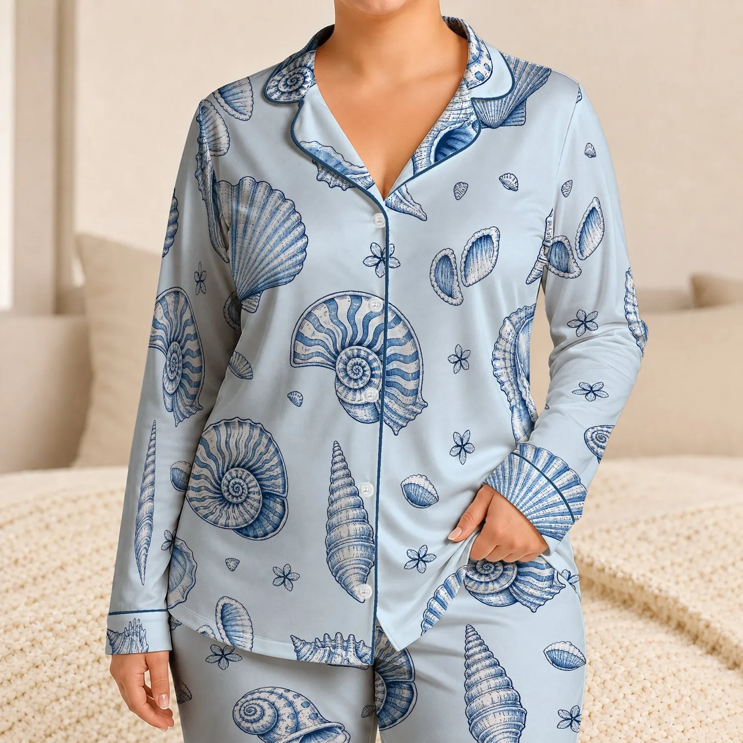 Vintage Sea Shell Nautilus Motif for Coastal Lounging and Summer Travel for Women Satin Pajamas Set - 1