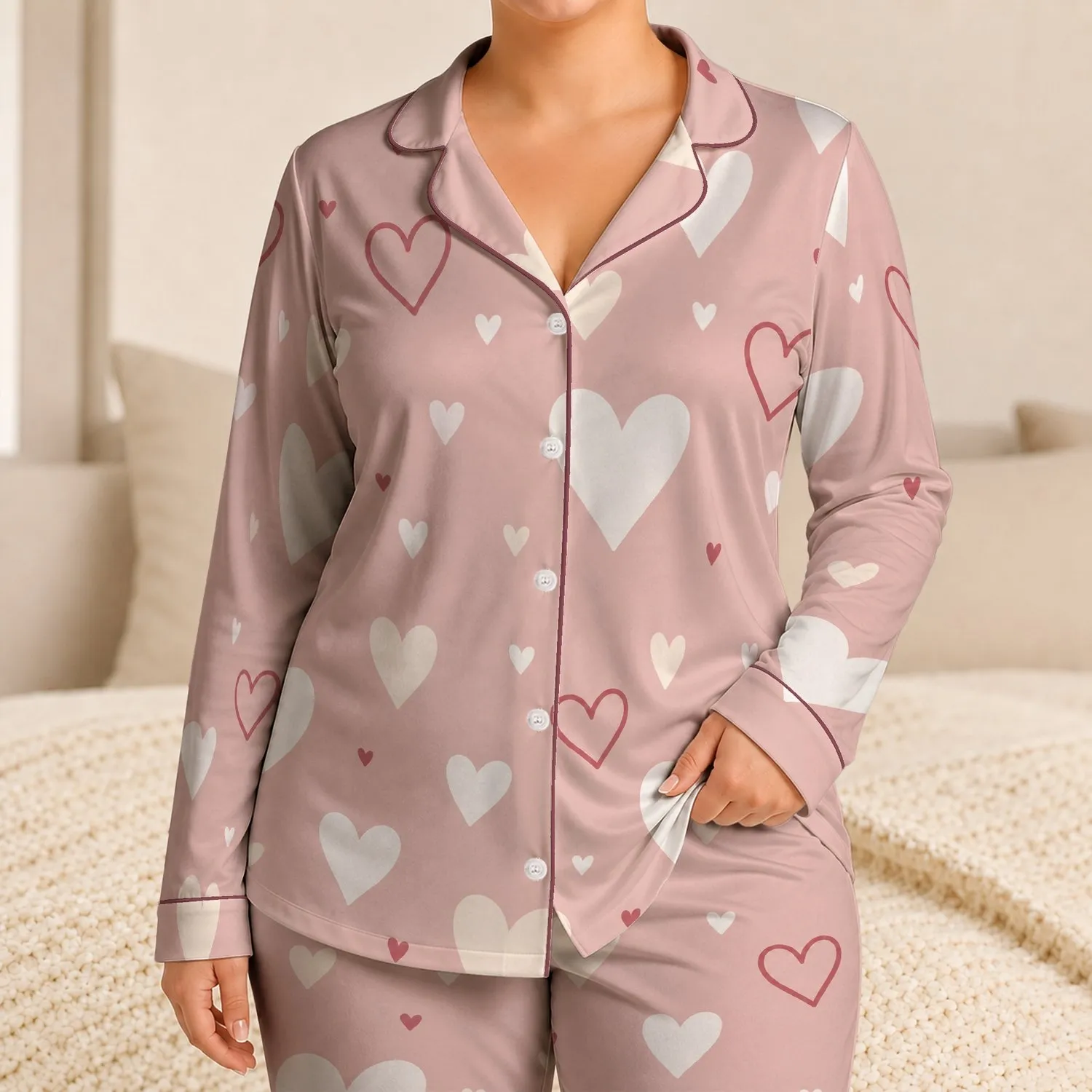 Dusty Blush Pink White Heart Motif Cozy Romantic Home Lounge Holiday Gift for Women Satin Pajamas Set - 1