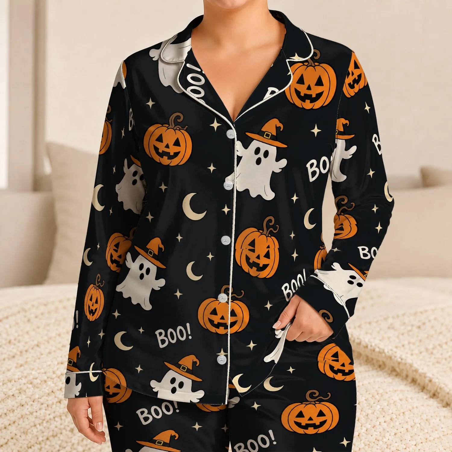 Cute Ghost Pumpkin Boo Halloween Lounge Set for Spooky Nights and Cozy Gift Giving Satin Pajamas Set - 1