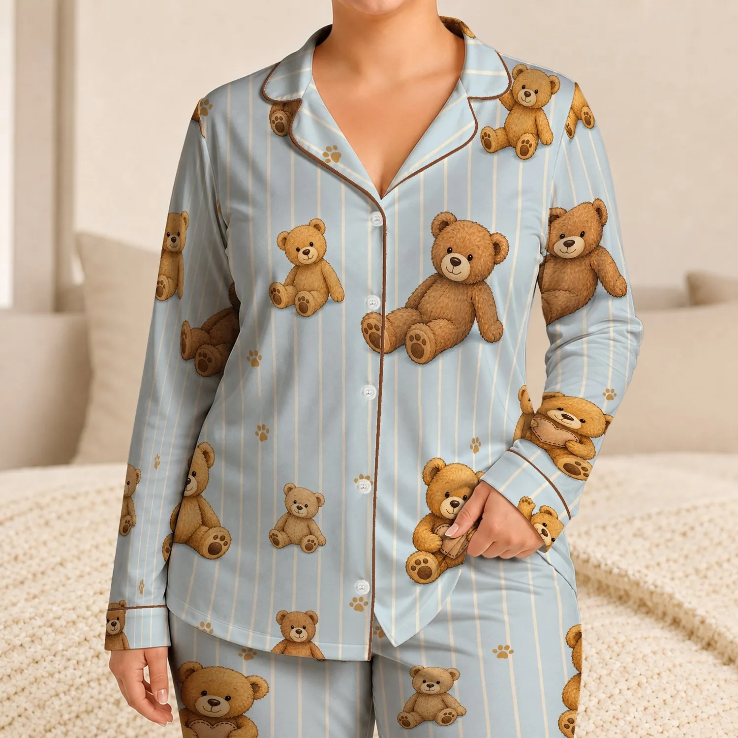 Powder Blue Teddy Bear Stripes For Cozy Sleepwear, Nursery Lounging And Gift Giving Satin Pajamas Set - 1