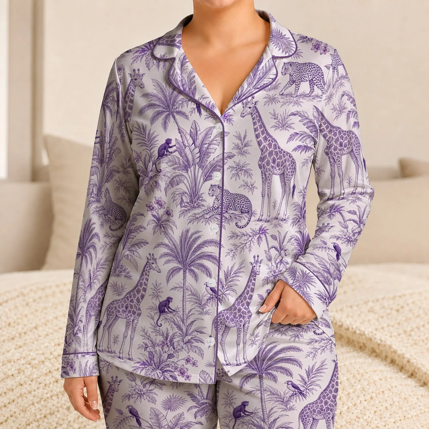 Purple Giraffe Safari Tropical Jungle Motifs for Relaxed Nighttime Lounging Women Satin Pajamas Set - 1