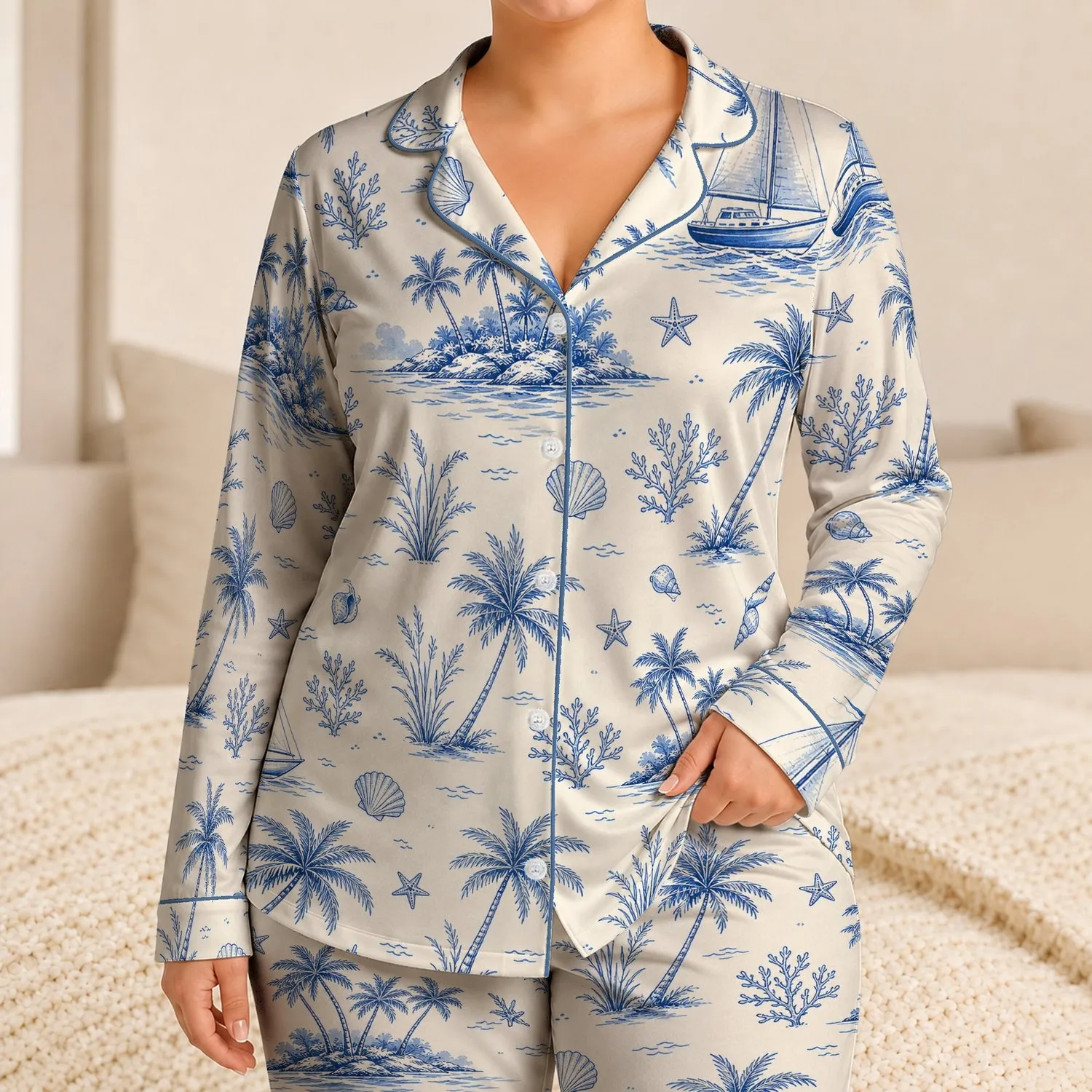 Coastal Sailboat Coconut Palm Beach Lounge Set For Summer Vacation Island Getaways Satin Pajamas Set - 1