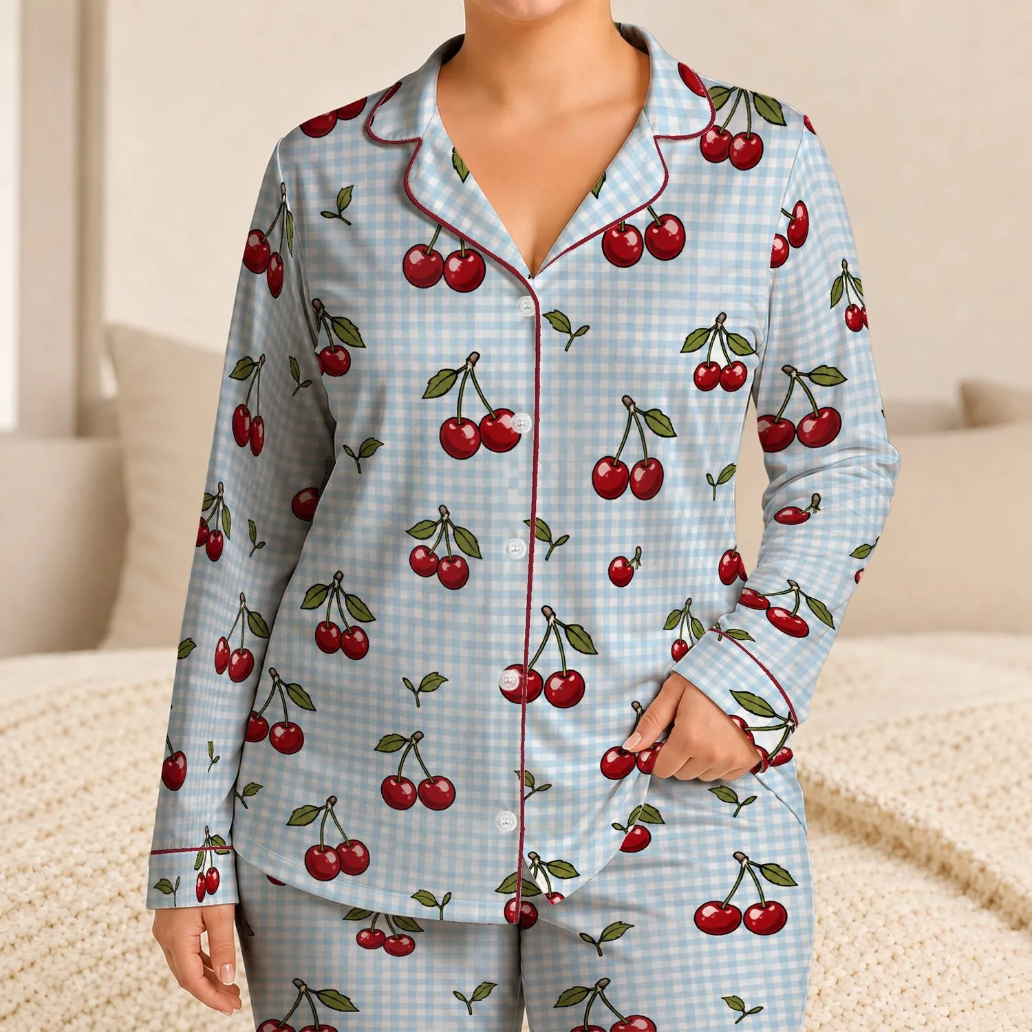 Cherry Gingham Check Lounge Set, Cozy Fall Winter Homewear For Women Relaxing At Home Satin Pajamas Set - 1