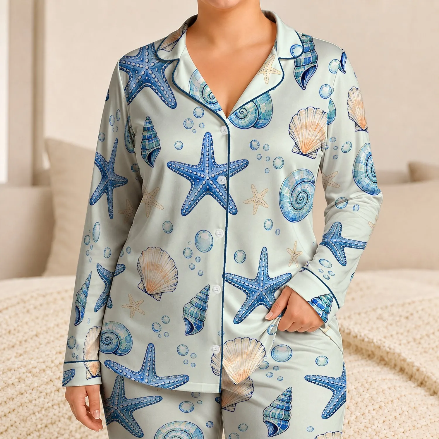 Blue Starfish And Seashells For Coastal Bedtime Comfort, Women's Lapel Top And Bow Shorts Satin Pajamas Set - 1