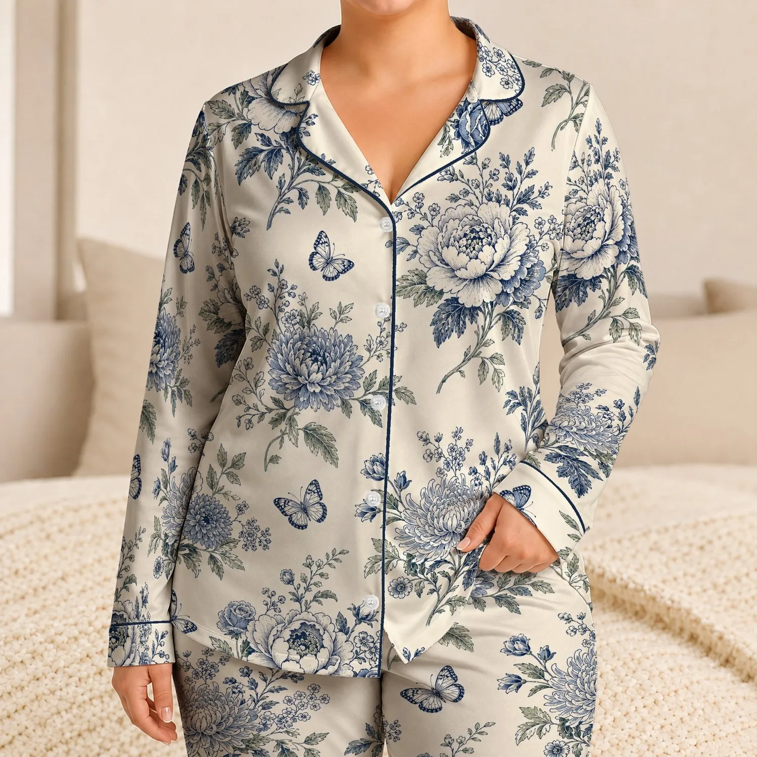 Elegant Vintage Botanical Bouquets and Butterflies for Cozy Autumn Home Lounging Women Satin Pajamas Set - 1