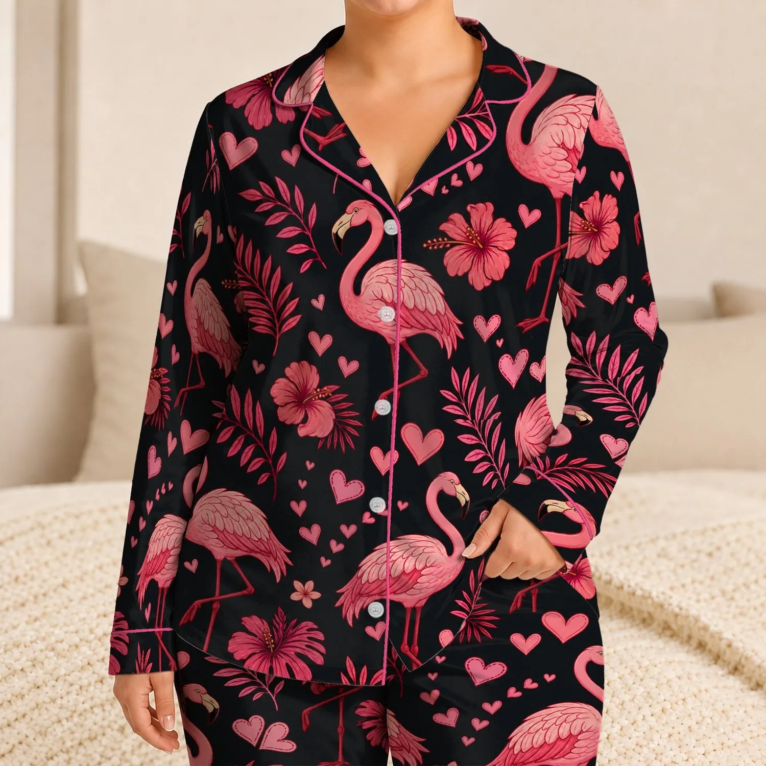Pink Flamingo Hearts for Cozy Nights and Vacation Lounging, Women, Teens, and Friends Satin Pajamas Set - 1