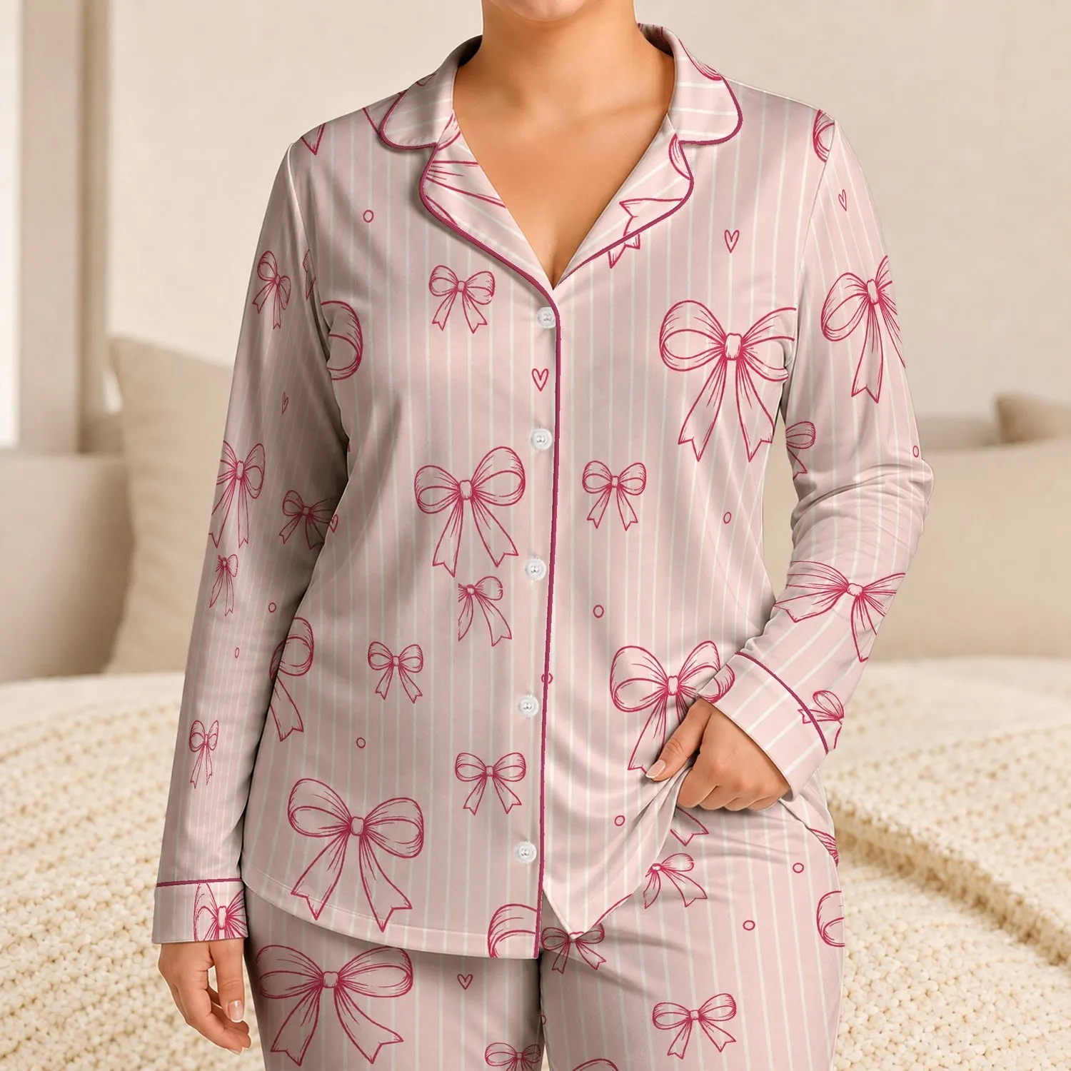Blush Pink Bow Ribbon Stripes for Cozy Autumn Lounging and Bedtime Gifts for Women Satin Pajamas Set - 1