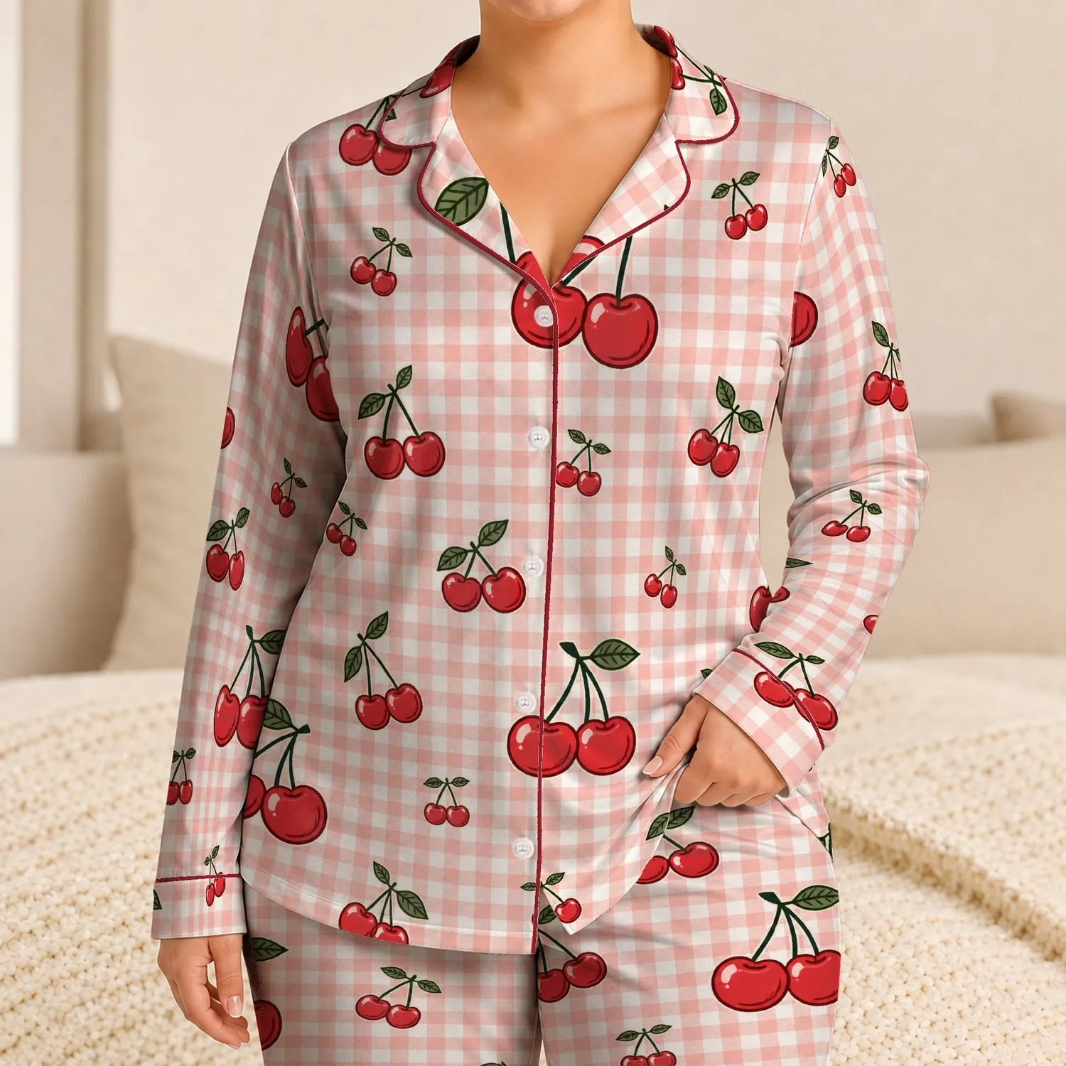 Pink Gingham Cherries For Cozy Home Mornings, Lounging And Sweet Gift Giving For Her Satin Pajamas Set - 1