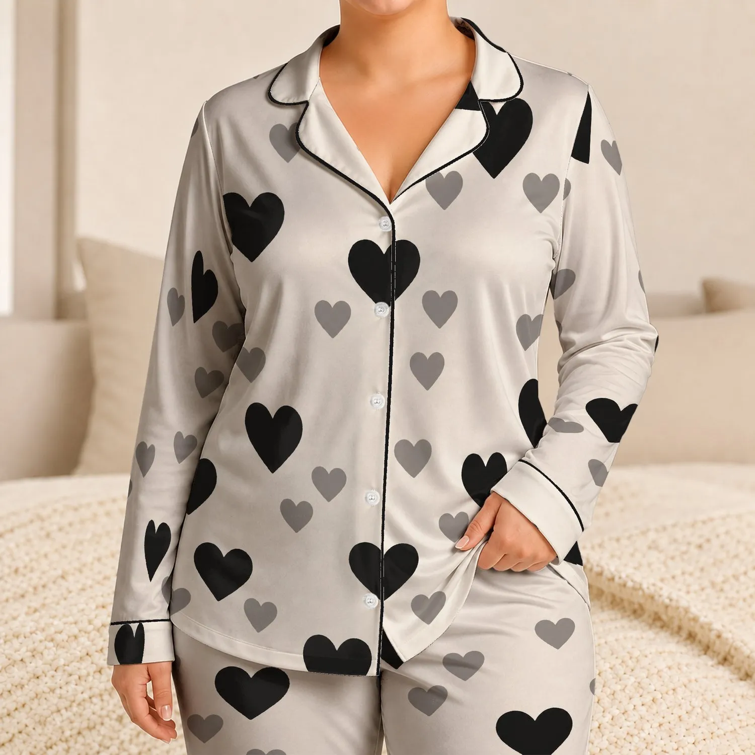 Ivory Black Heart Lounge Set For Cozy Nights, Romantic Gifts, And Everyday Relaxing Satin Pajamas Set - 1