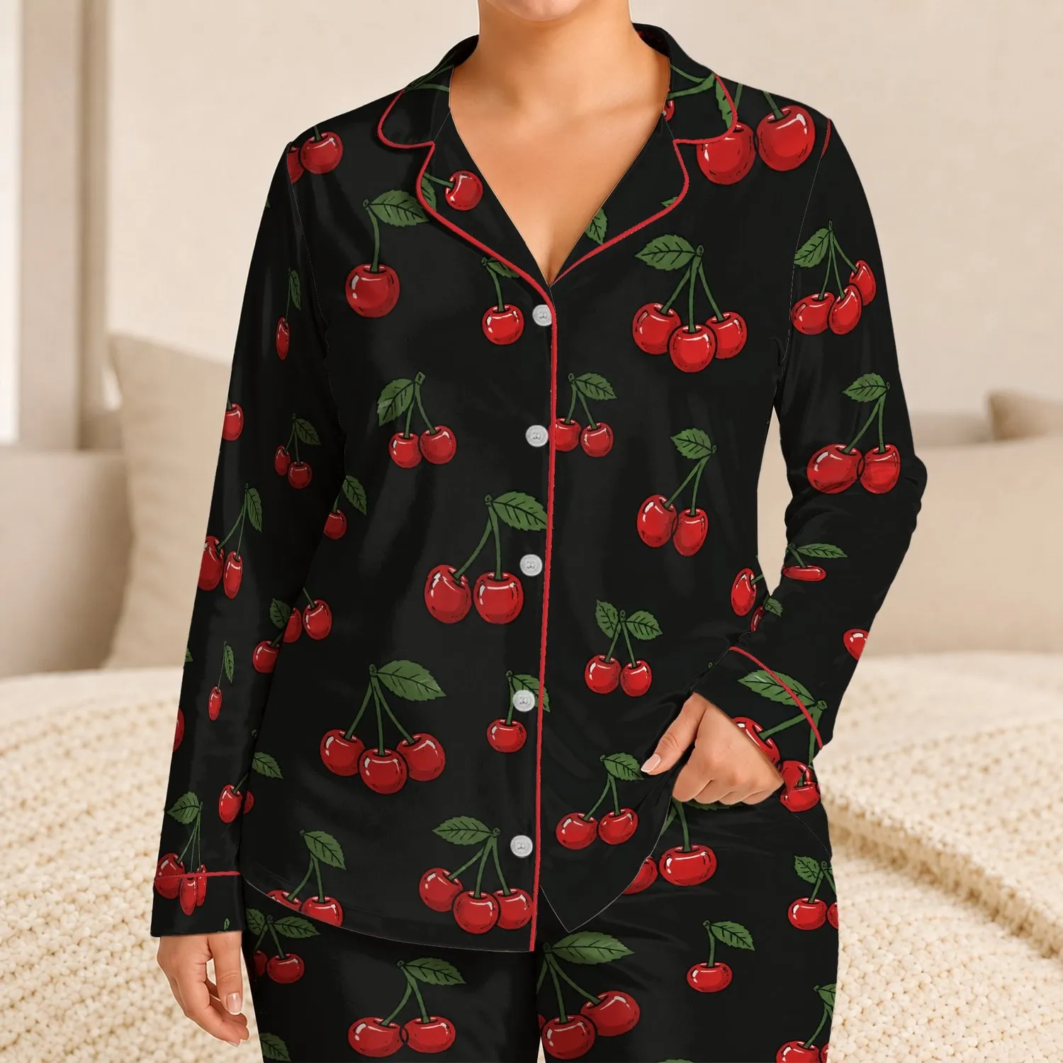 Retro Cherry Fruit Motif for Cozy Evenings, Relaxing Weekends, and Sweet Gift Ideas Satin Pajamas Set - 1