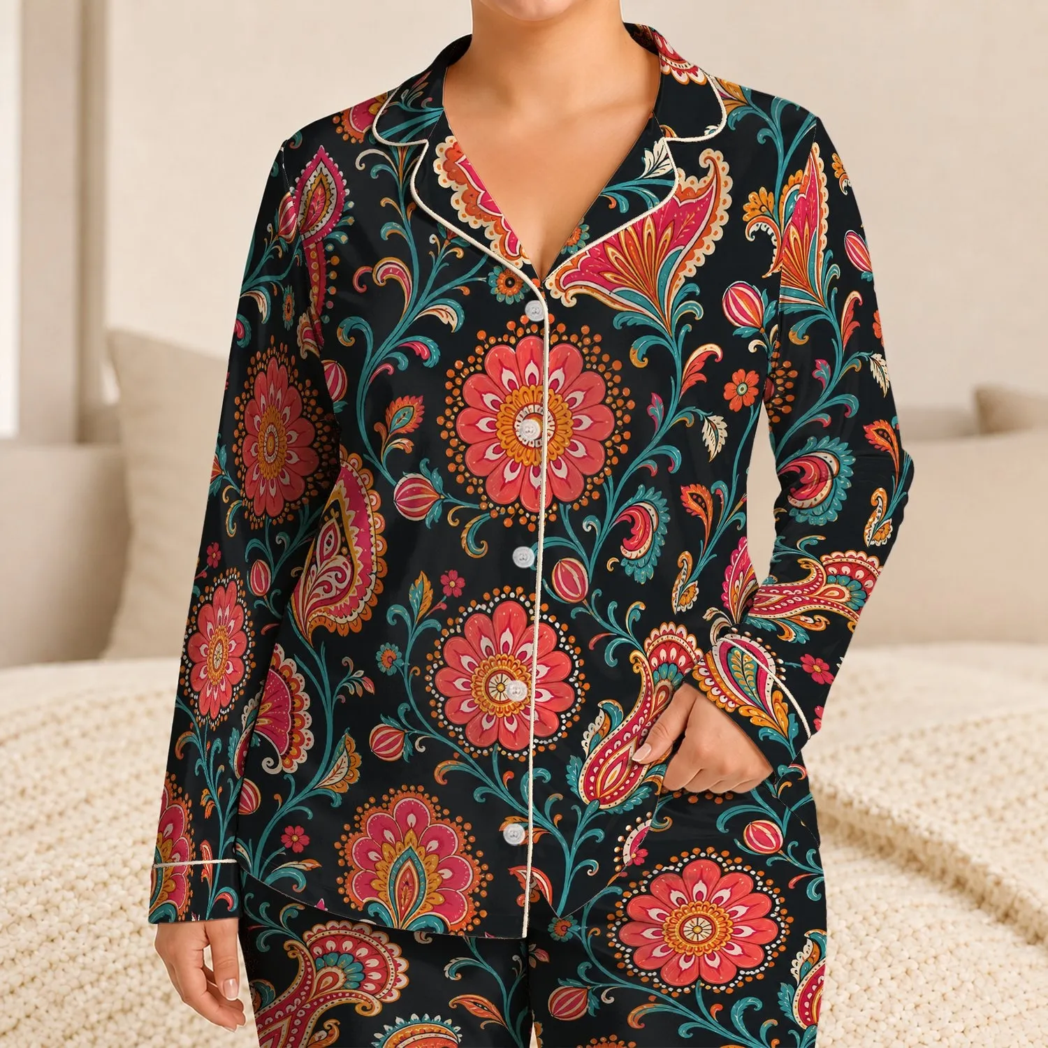 Vintage Folk Floral Paisley Botanical Motifs for Cozy Autumn Winter Lounging Women Satin Pajamas Set - 1
