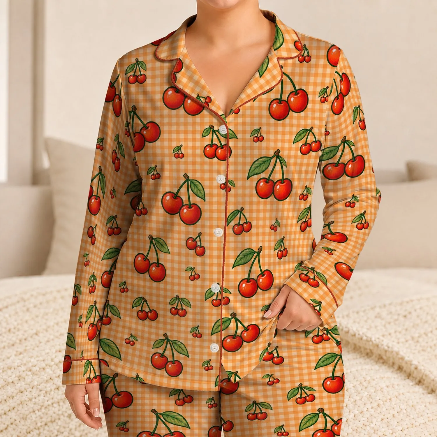 Cherry Gingham Fruit Motif Cozy Lounge Set For Women's Relaxed Summer Mornings At Home Satin Pajamas Set - 1