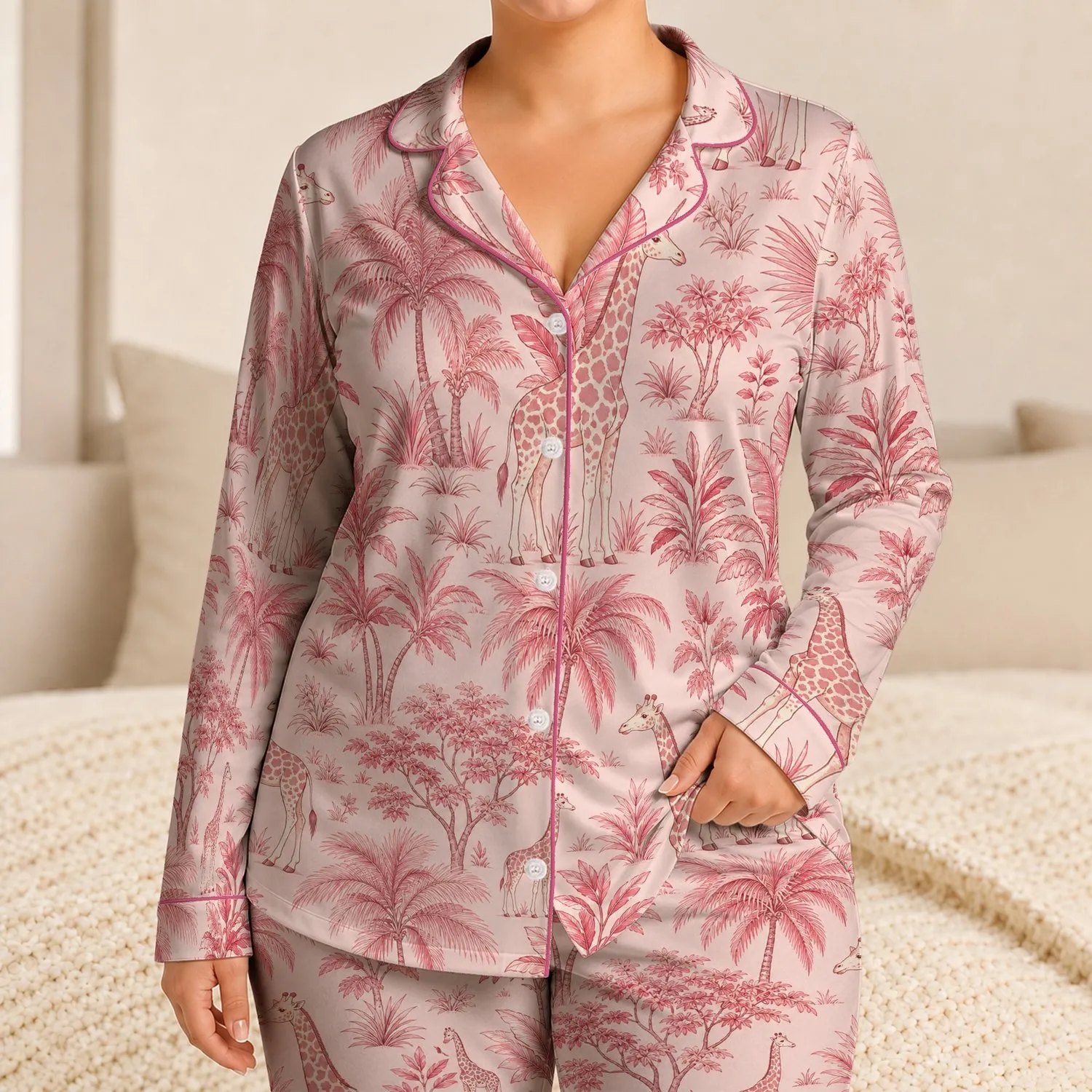 Pink Giraffe Palm Forest Tropical Safari Gift for Her Cozy Vacation Lounge Style Satin Pajamas Set - 1
