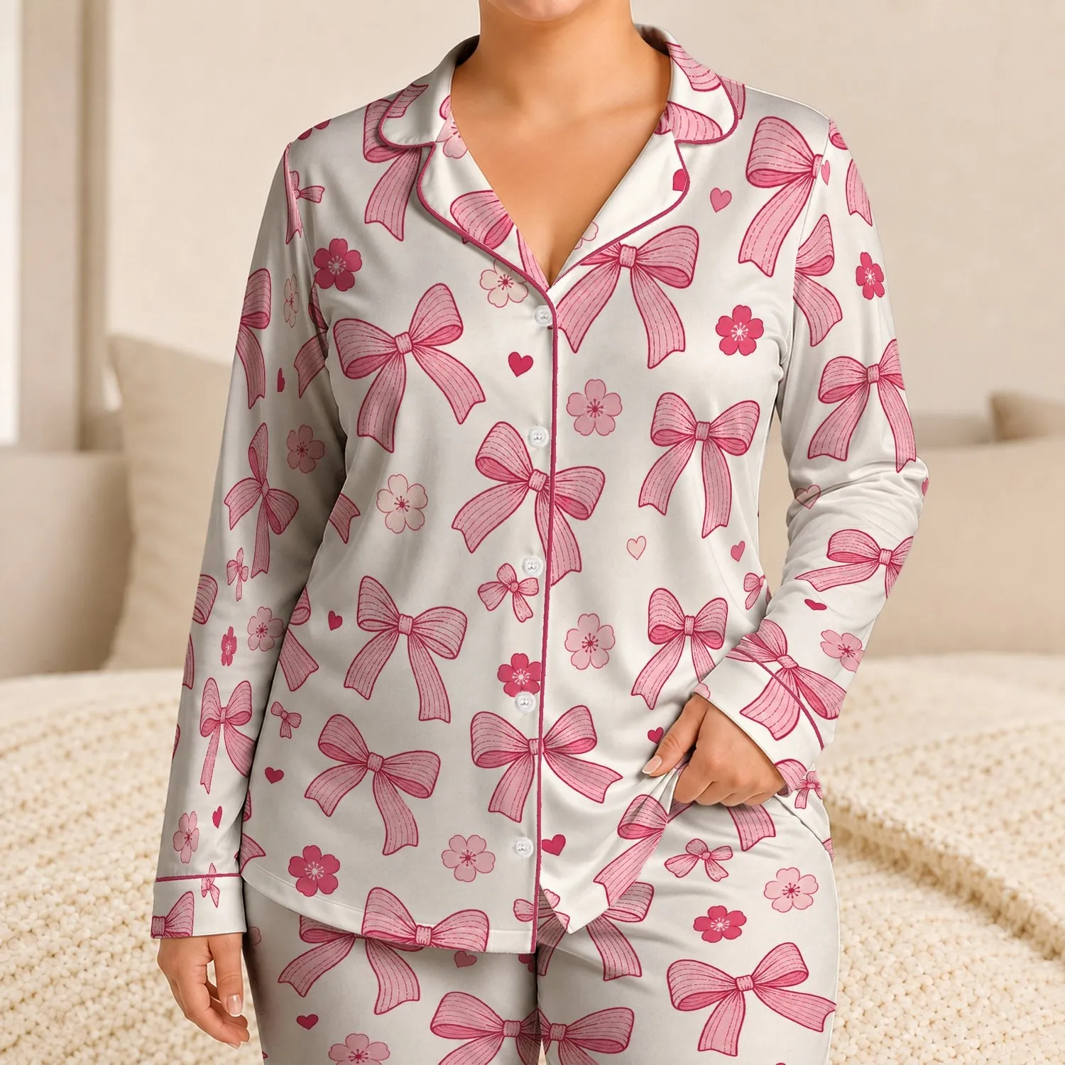 Raspberry Bow Plum Blossom Hearts Lounge Set for Romantic Sleepwear, Women’s Gifts Satin Pajamas Set - 1