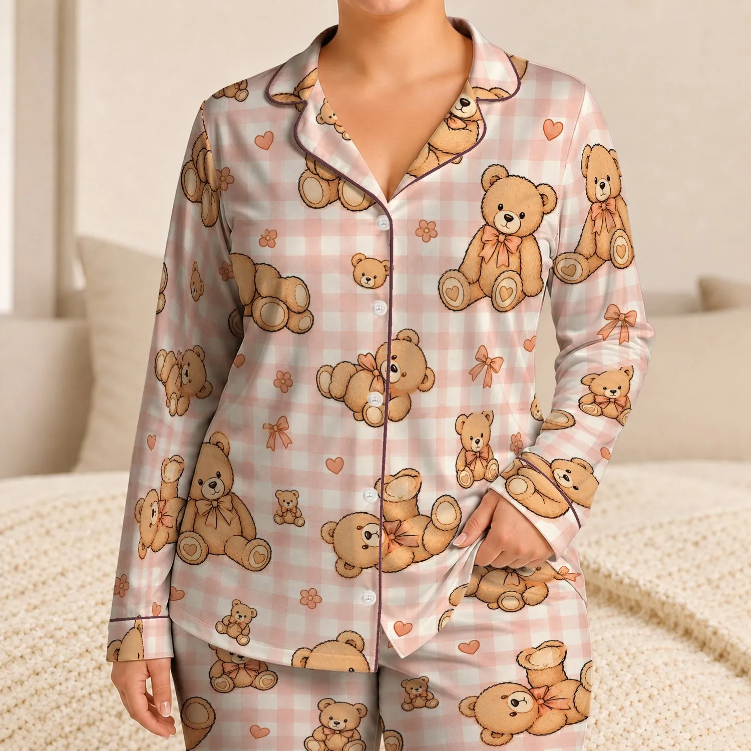 Peach Teddy Bear Gingham Check Cozy Bedtime Lounge For Women, Birthday Gift Idea Satin Pajamas Set - 1