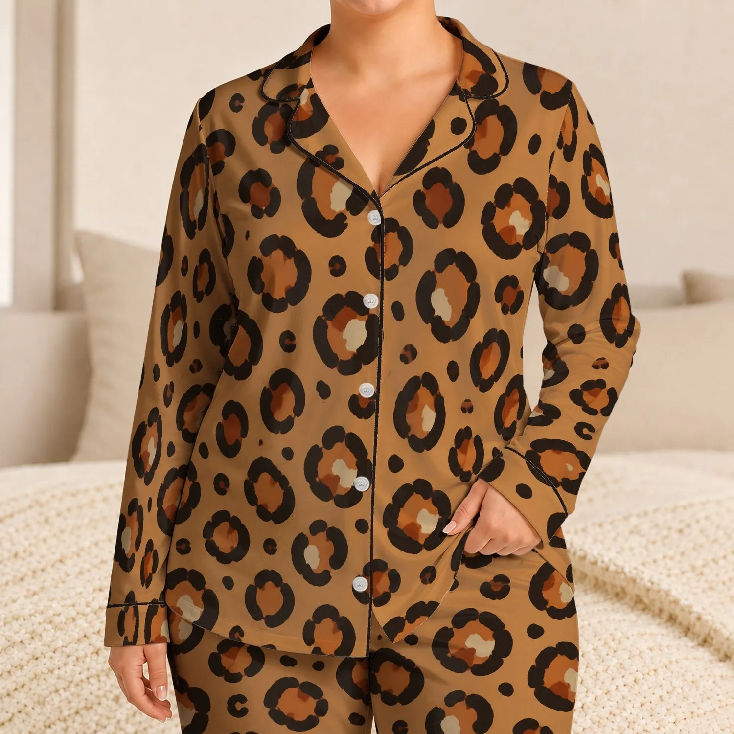Warm Caramel Leopard Rosettes for Cozy Bedtime Lounging and Relaxed Gift Giving for Women Satin Pajamas Set - 1
