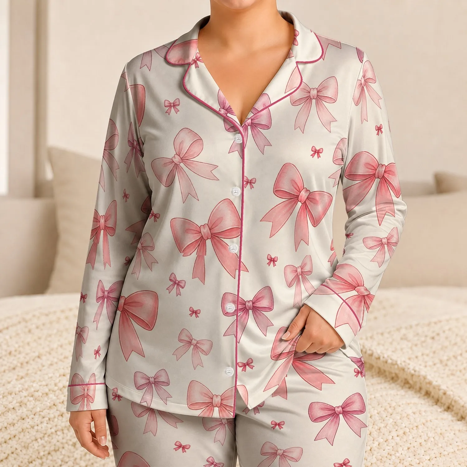 Pink Ribbon Bows for Romantic Lounging and Cozy Bedtime Style, Women's Everyday Gift Satin Pajamas Set - 1