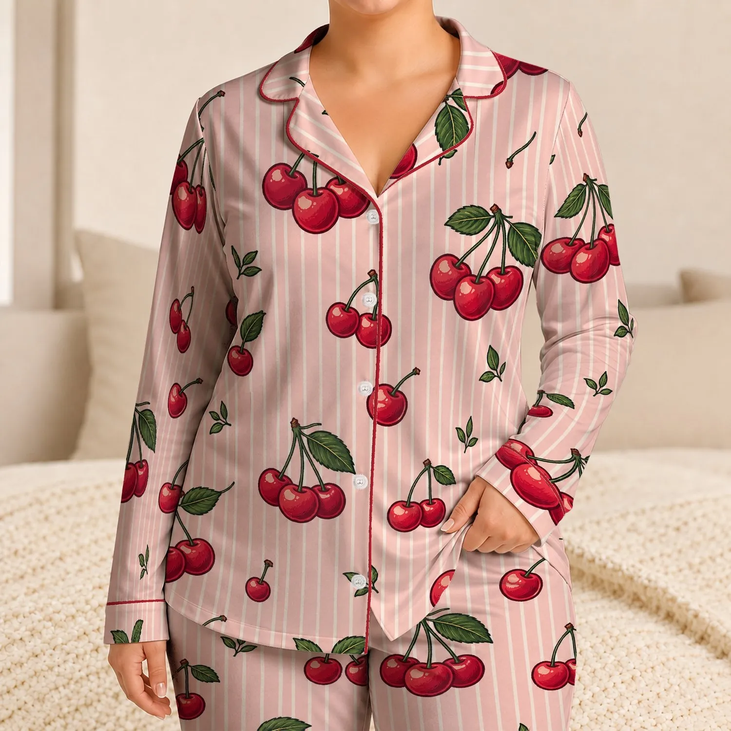 Cherry Stripe Lounge Outfit For Cozy Bedtime, Women's Blush Red Cherry Lover Gift Satin Pajamas Set - 1