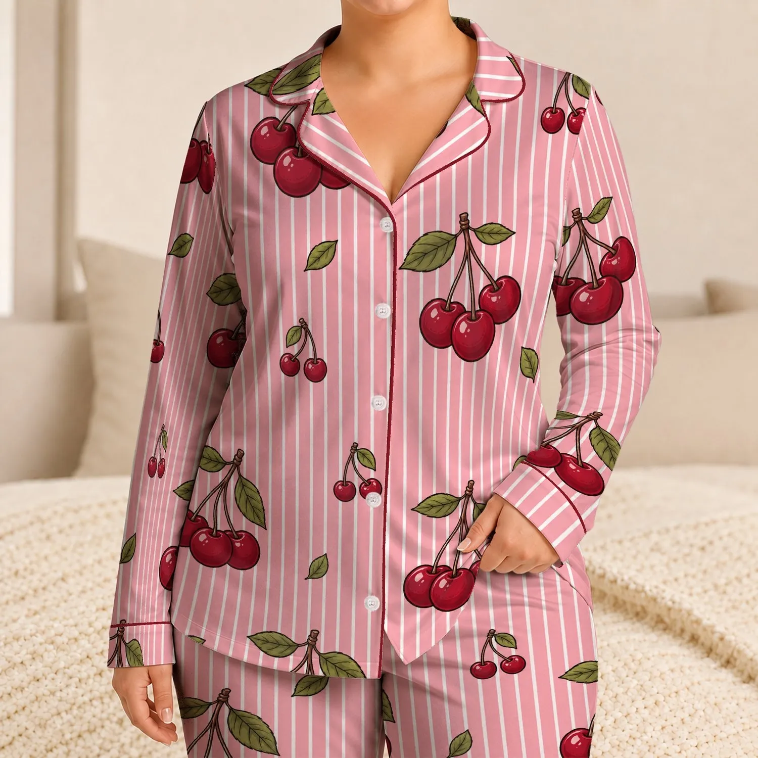 Cherry Pink Stripes Cozy Loungewear Gift for Women and Girls Cute Retro Fruit Lovers Satin Pajamas Set - 1