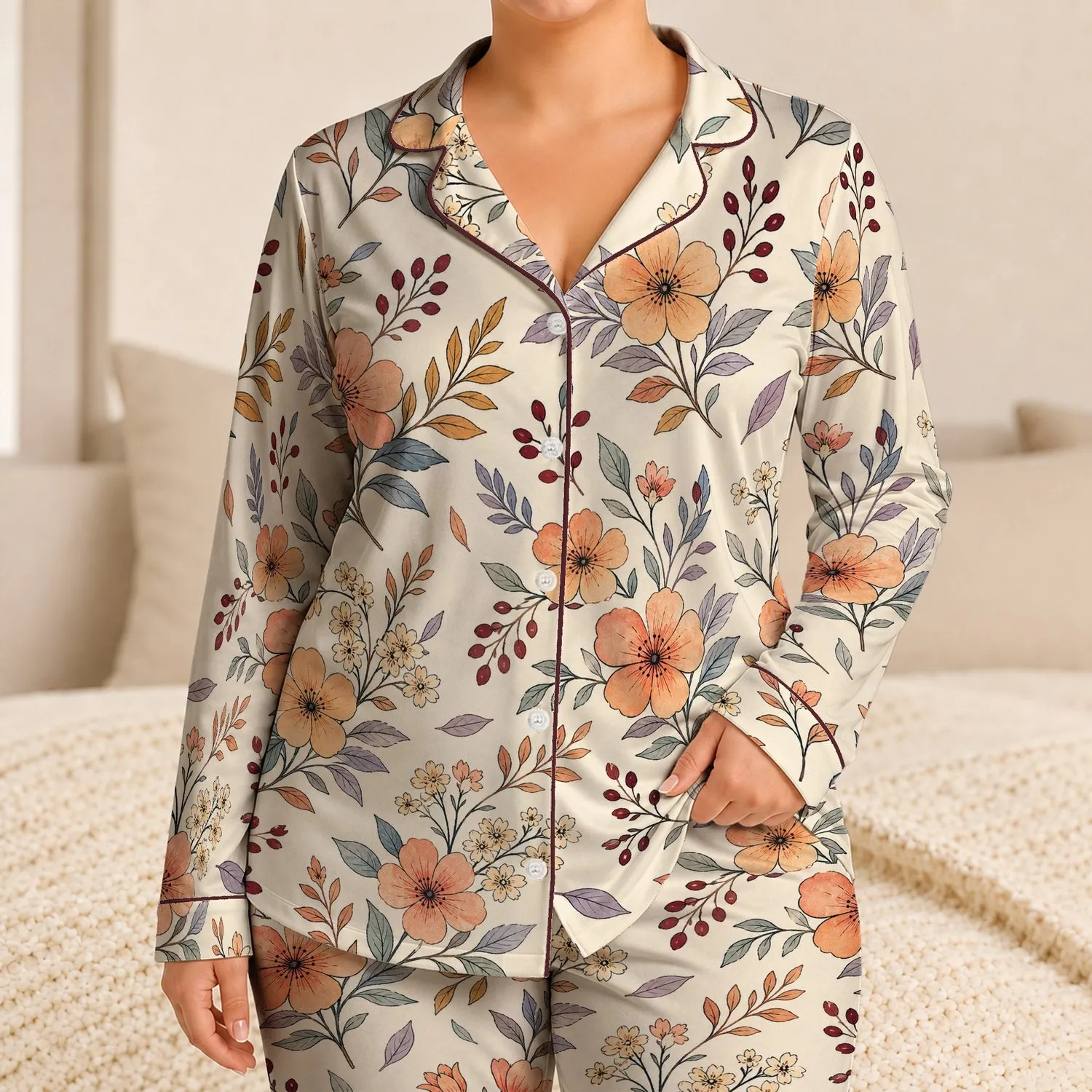 Peach Floral Botanical Blossoms for Cozy Heritage Loungewear, Women's Gift Ideas Satin Pajamas Set - 1