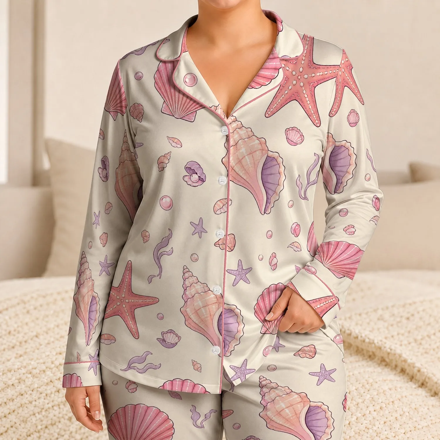 Starfish Shell Conch Coastal Lounge Set For Beach Vacations And Cozy Evenings For Women Satin Pajamas Set - 1