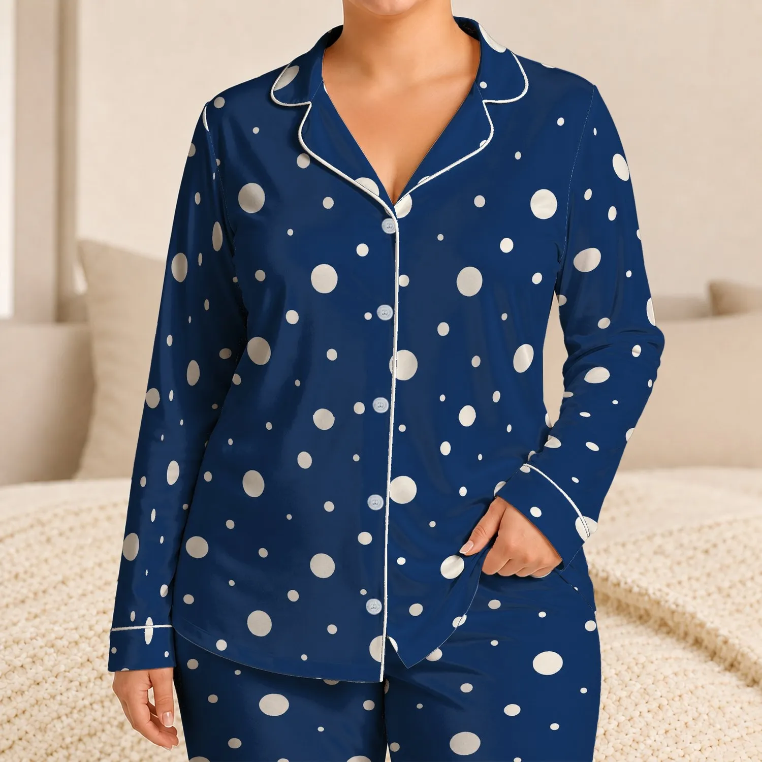 Navy Blue Ivory Polka Dot Lapel Top And Shorts For Cozy Evenings And Weekend Lounging Satin Pajamas Set - 1