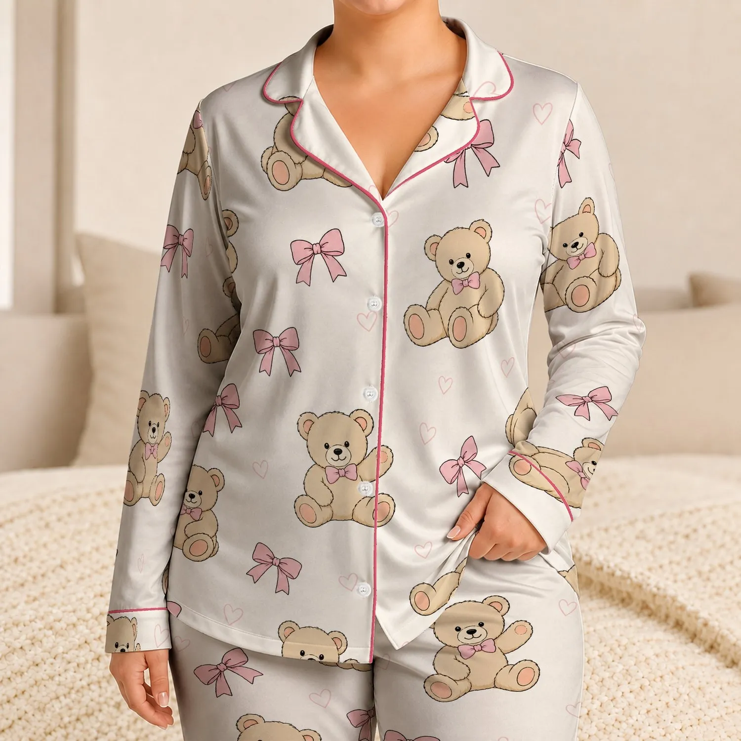 Adorable Teddy Bear Bow Motif Cozy Bedtime Home Comfort Gift For Women And Girls Satin Pajamas Set - 1