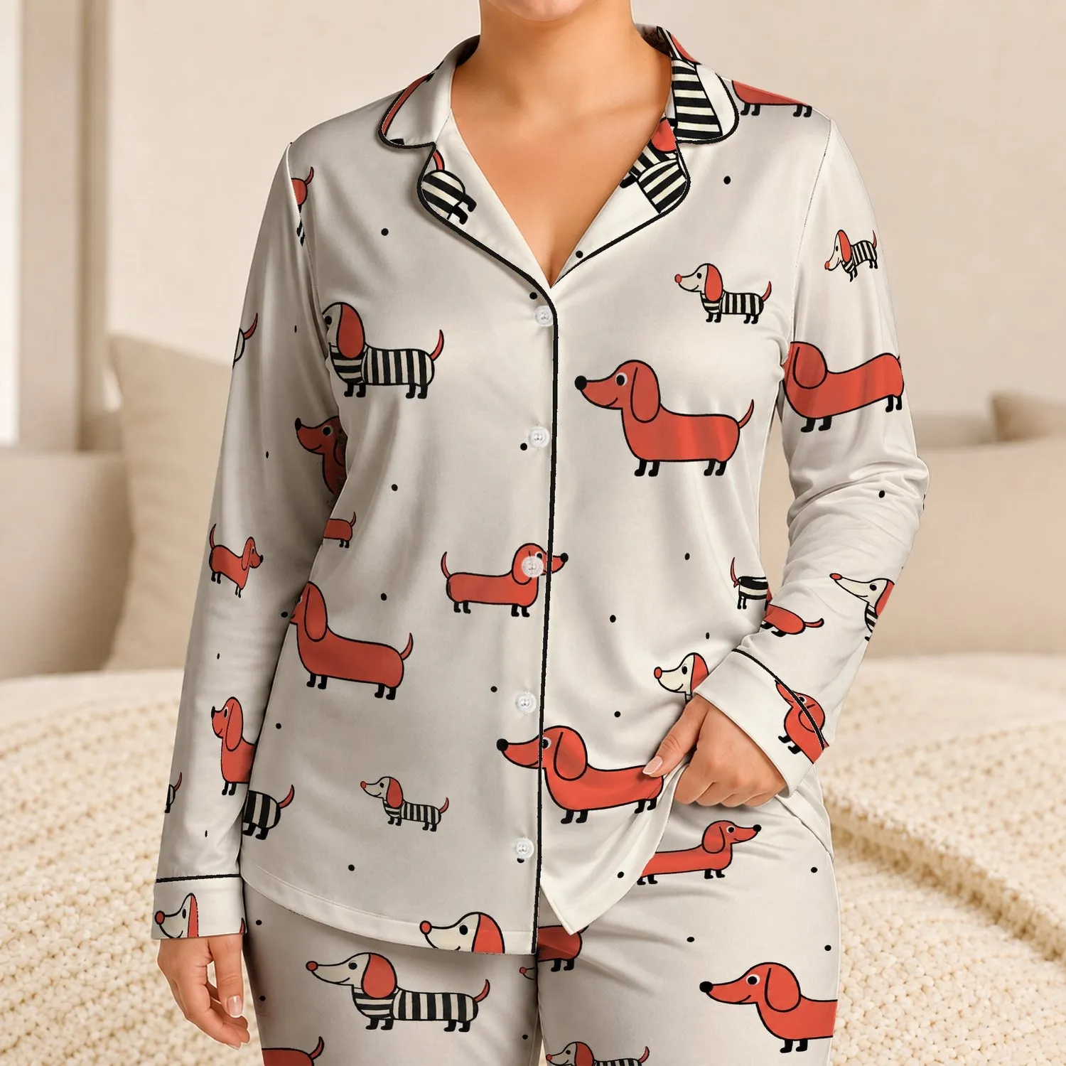 Coral Dachshund Loungewear for Cozy Evenings and Weekend Relaxation for Dog Lovers Satin Pajamas Set - 1