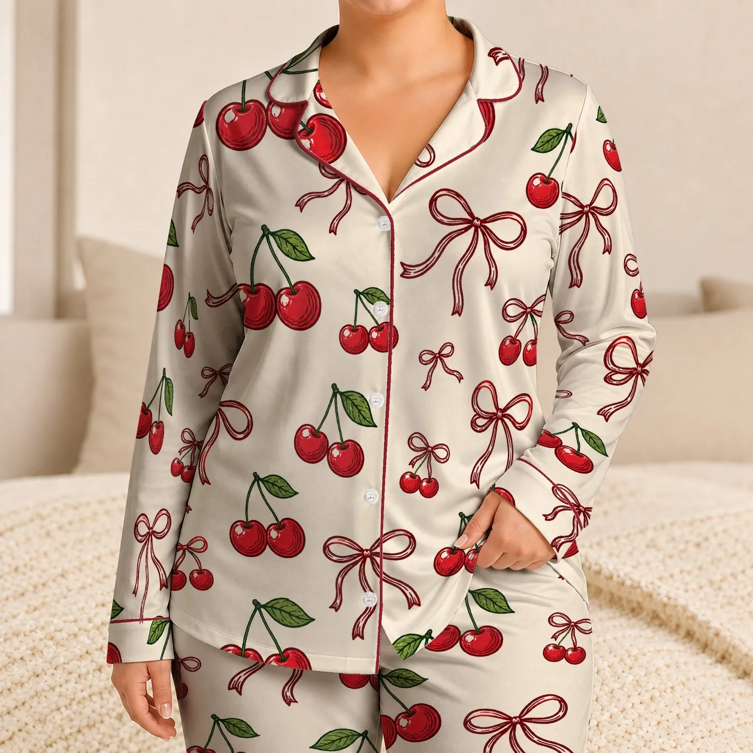 Cherry Bow Sleepwear Set for Cozy Nights, Relaxed Lounging, and Women's Gift Giving Satin Pajamas Set - 1