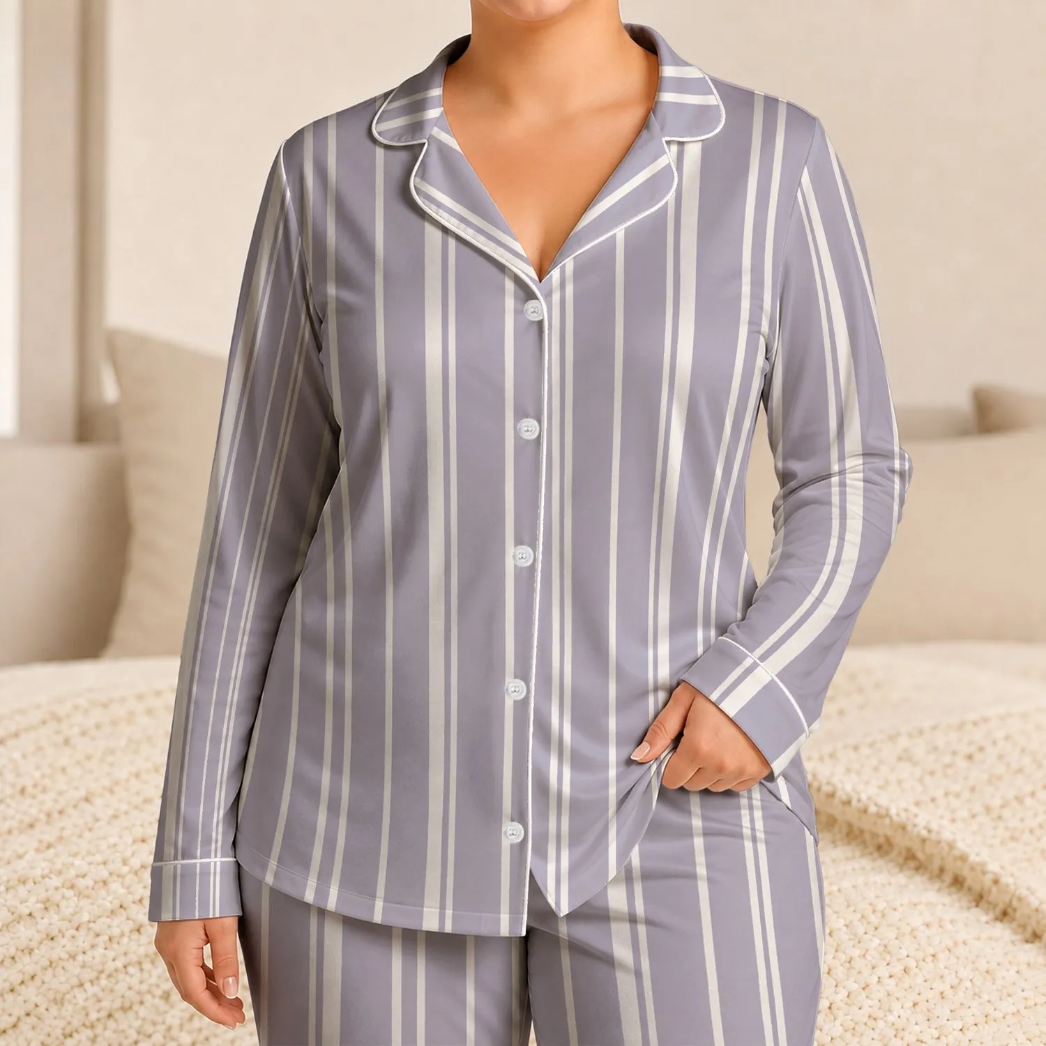Lavender Gray White Pinstripe Loungewear for Relaxing Evenings and Cozy Weekends Satin Pajamas Set - 1