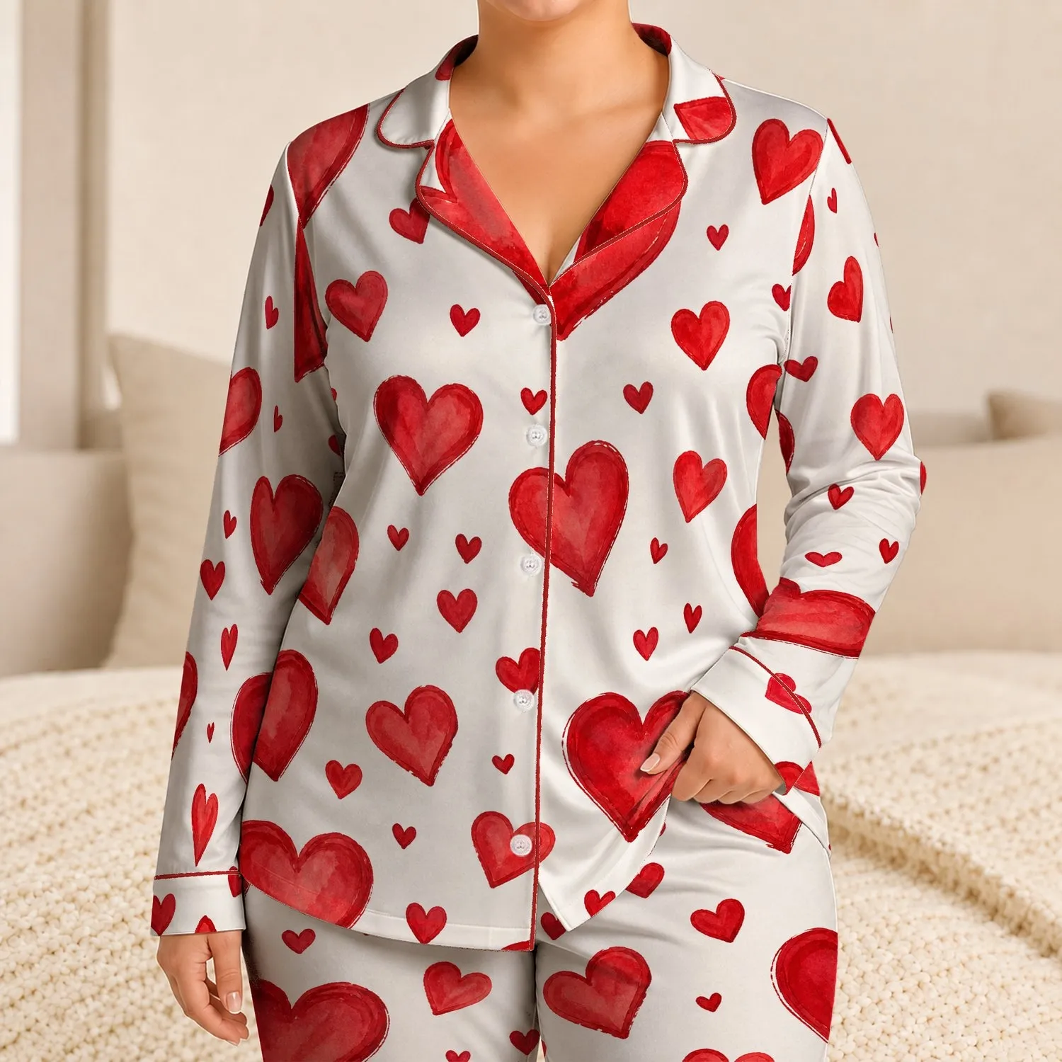 Women's Red Hearts Romantic Summer Lounge Set, Button Front Shirt And Bow Shorts Satin Pajamas Set - 1