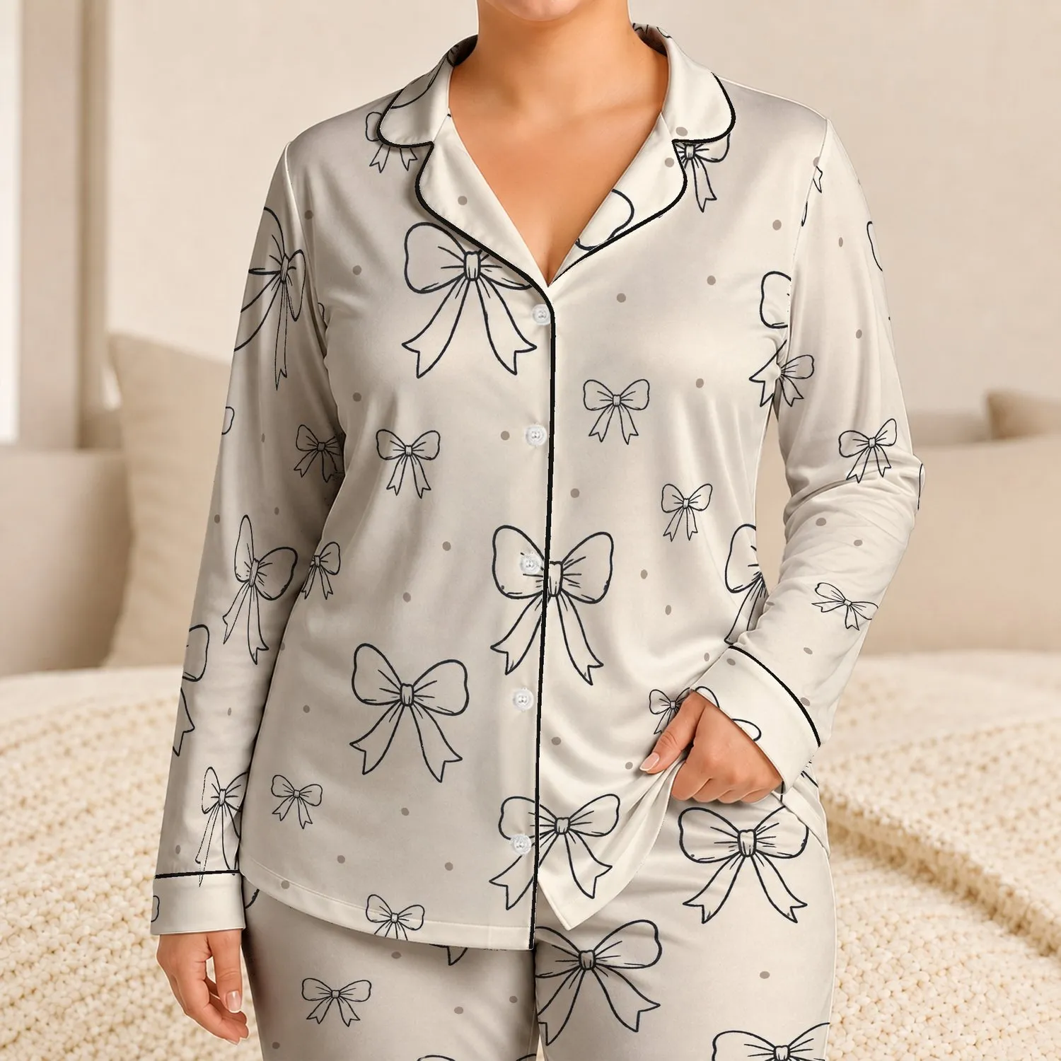 Ivory Bow and Dot Motif Lounge Set for Spring Summer Gifting and Cozy Home Nights Satin Pajamas Set - 1