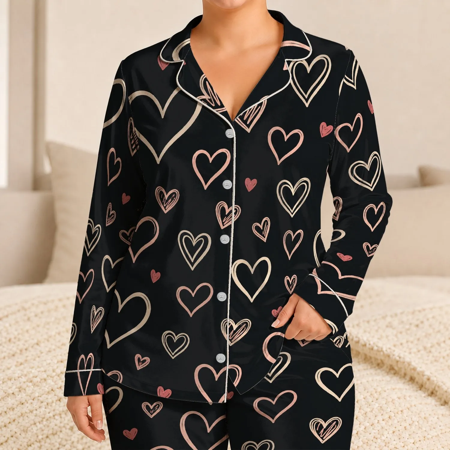 Charcoal Heart Doodle Set for Cozy Lounging and Romantic Gifting, Women and Teens Satin Pajamas Set - 1