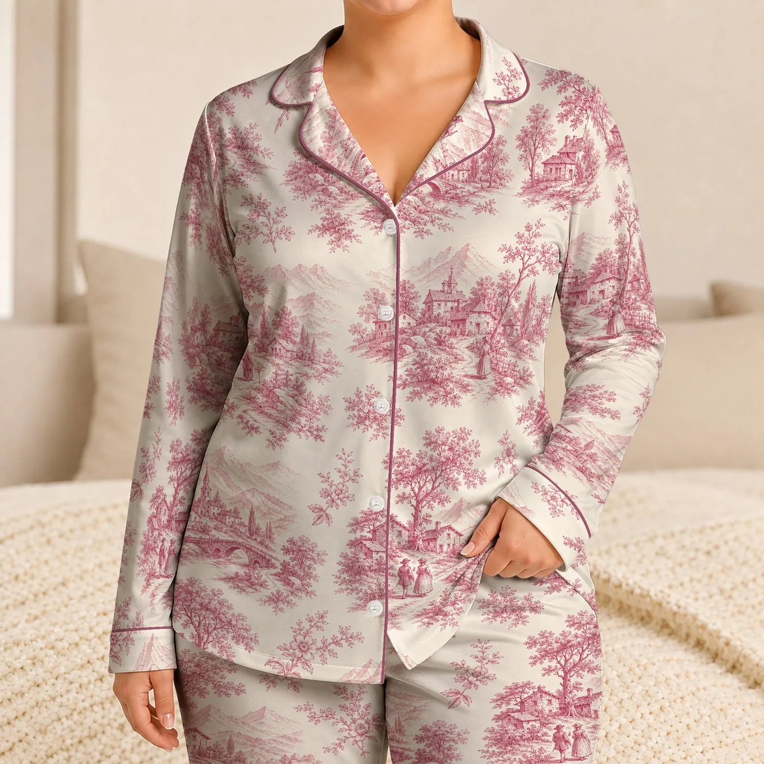 Pink Mountain Floral Toile Countryside Scenes for Relaxing Bedtime Lounging Women Satin Pajamas Set - 1