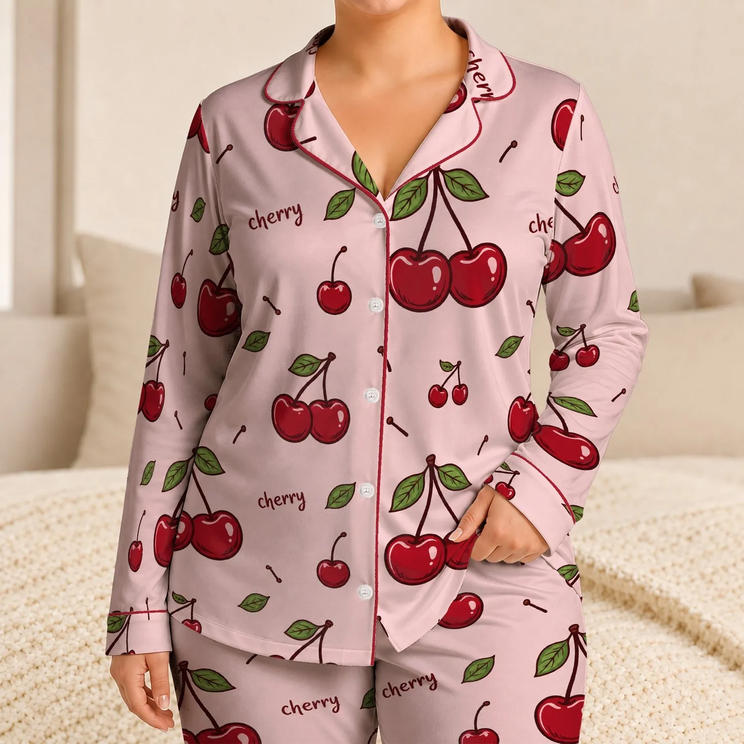 Cherry Fruit Set for Cozy Nights, Relaxed Mornings, and Sweet Gift Giving for Women Satin Pajamas Set - 1