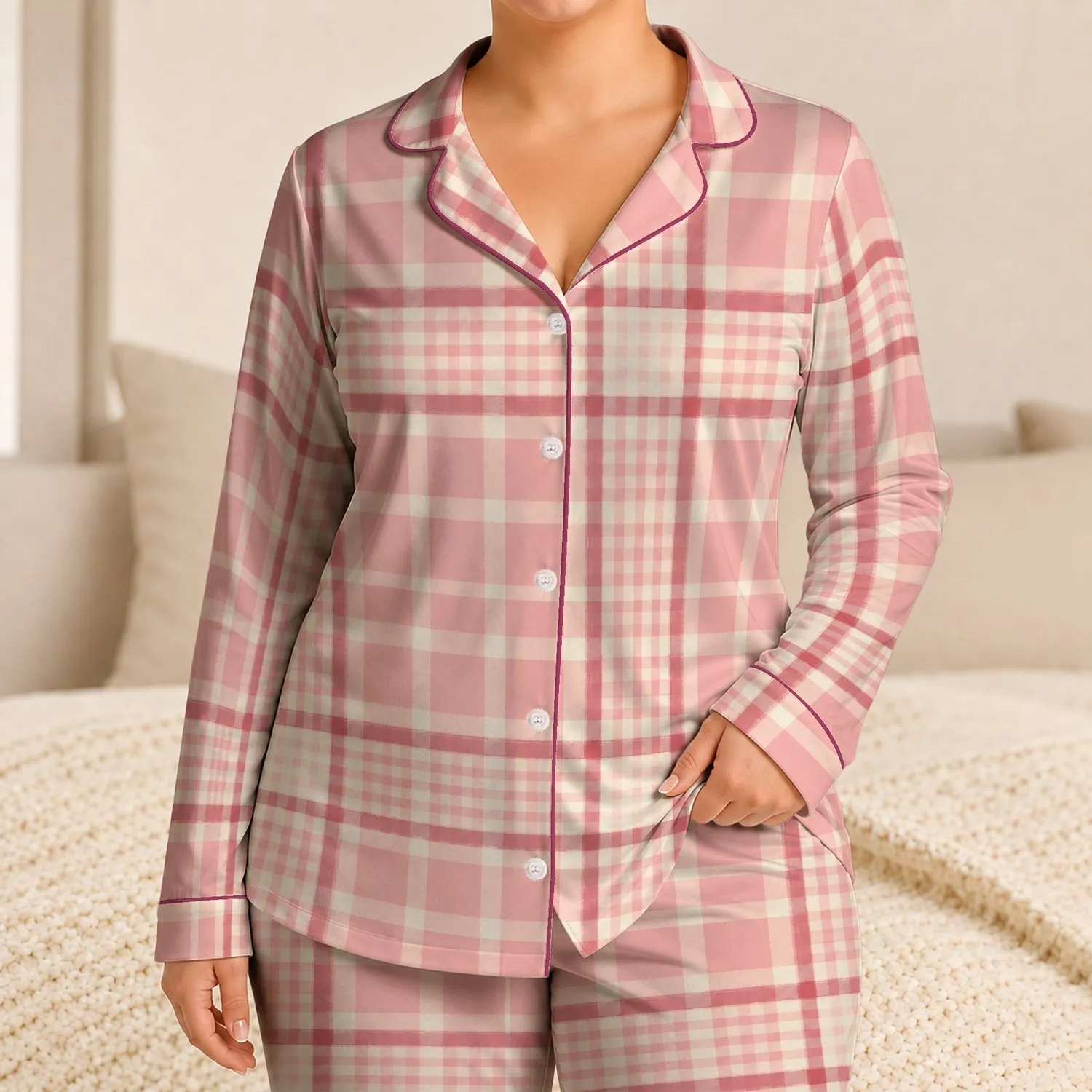 Pink Cream Gingham Plaid Cottagecore Summer Lounge Holiday Gift for Women and Brides Satin Pajamas Set - ZSKG0V_A8-